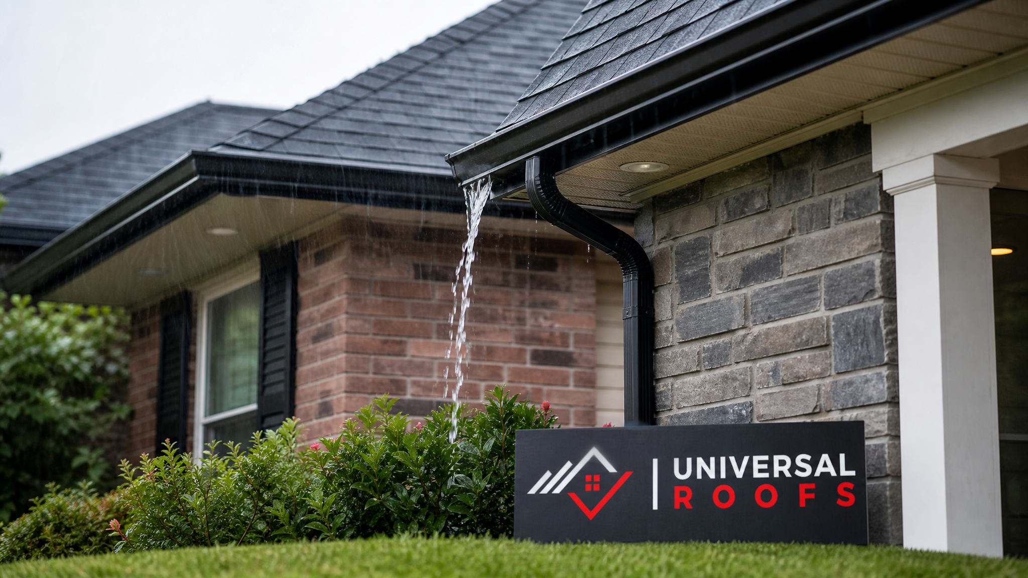 Clean, freely flowing gutter system on a Toronto home on a sunny summer day with a Universal Roofs branded sign placard nearby