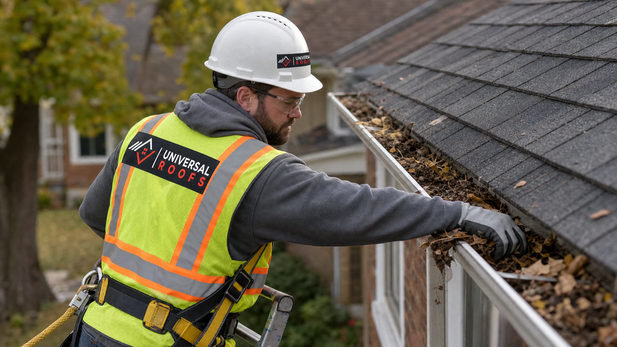 Roofer wearing full safety harness clearing debris from a clogged gutter on a Toronto-area home