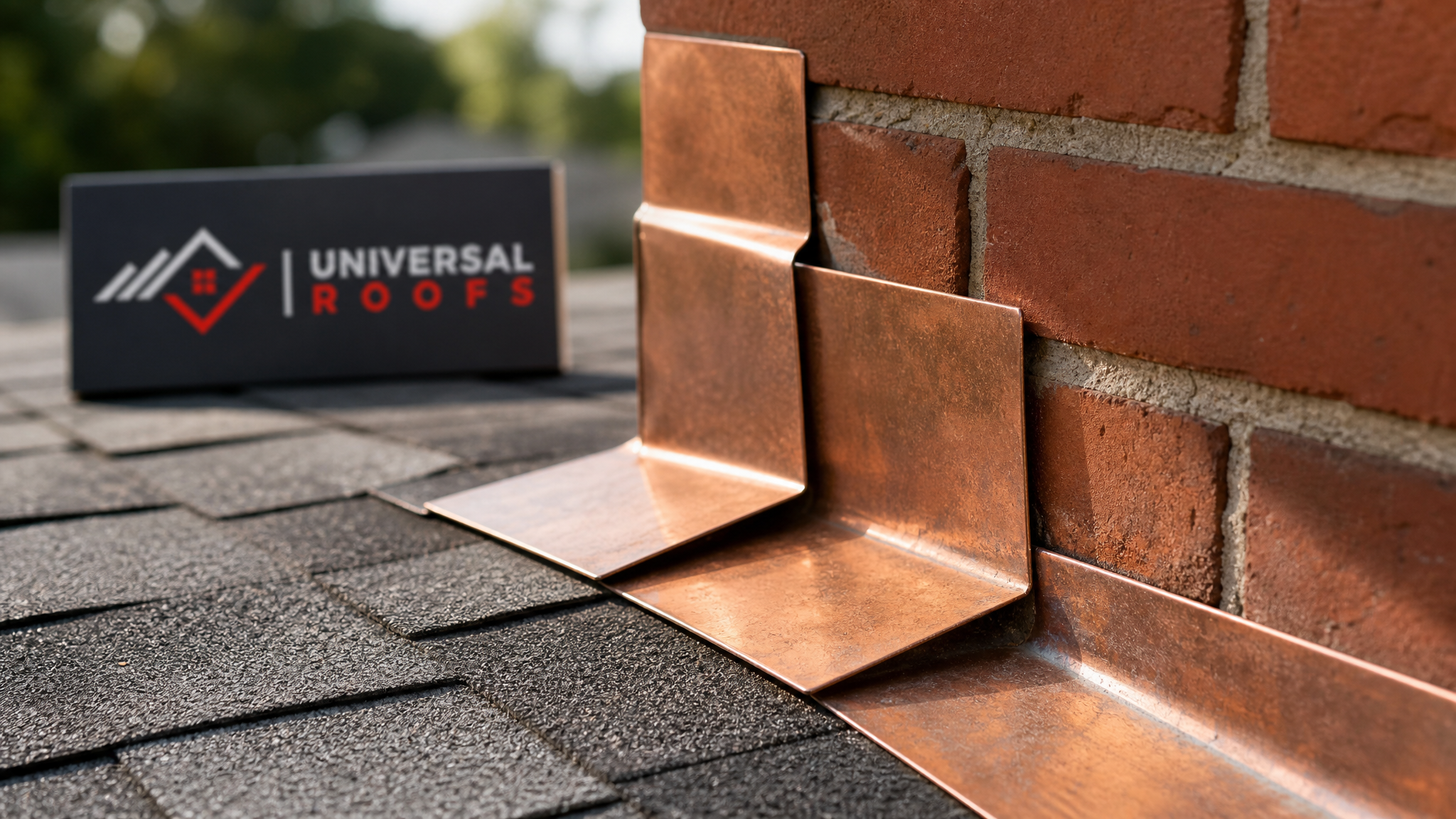 Close-up of overlapping copper step flashing pieces against brick chimney masonry showing seams and patina