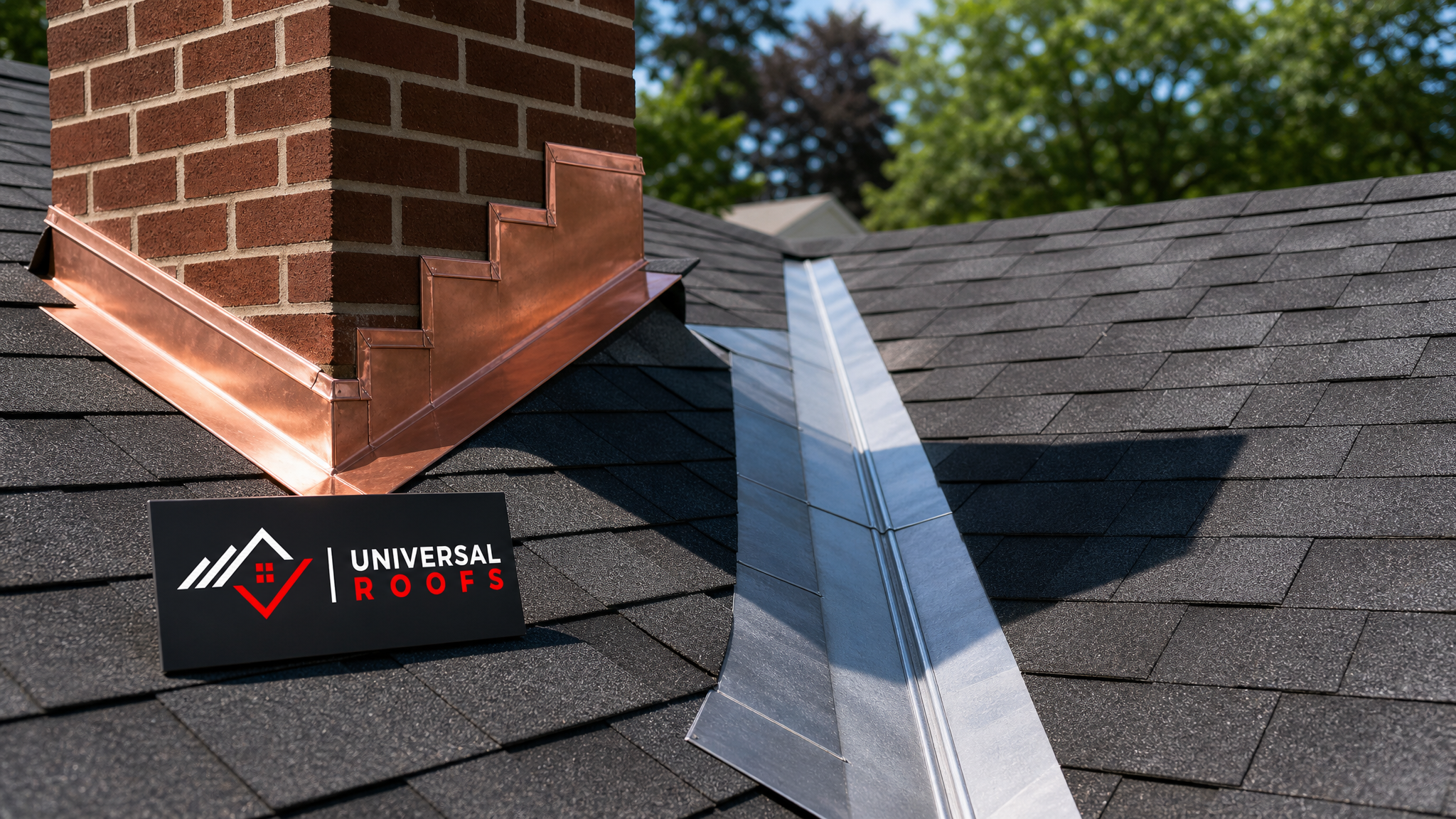 Finished copper and aluminum roof flashing along a chimney and roof valley on a Toronto home in summer daylight
