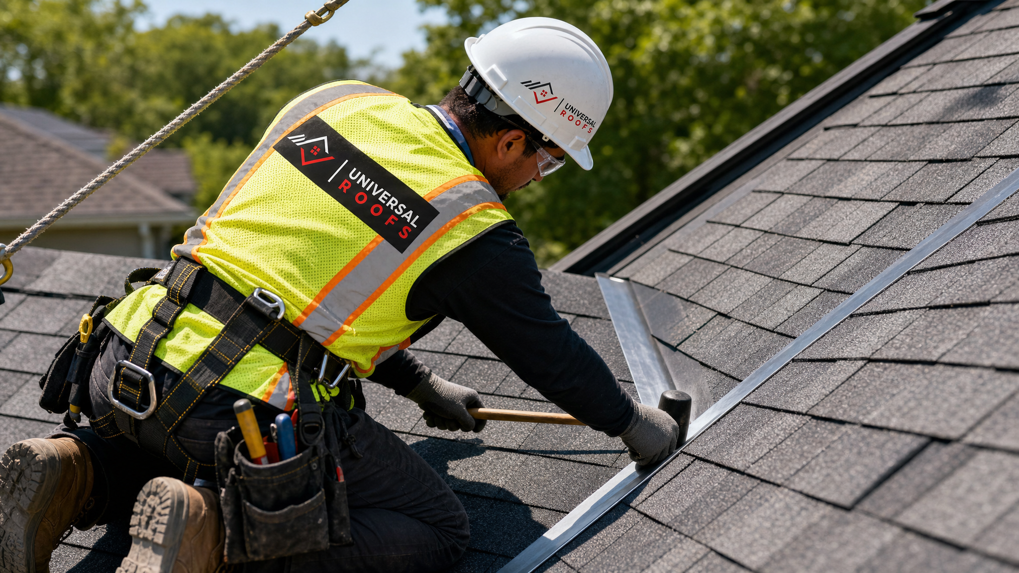 Roofer installing aluminum flashing along a roof valley while wearing full safety gear and a fall-protection harness