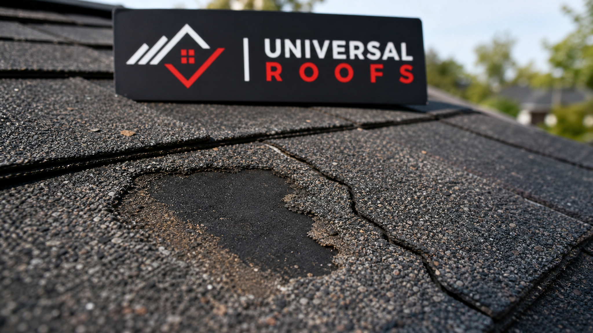 Close-up of a cracked and granule-stripped asphalt shingle showing storm damage detail