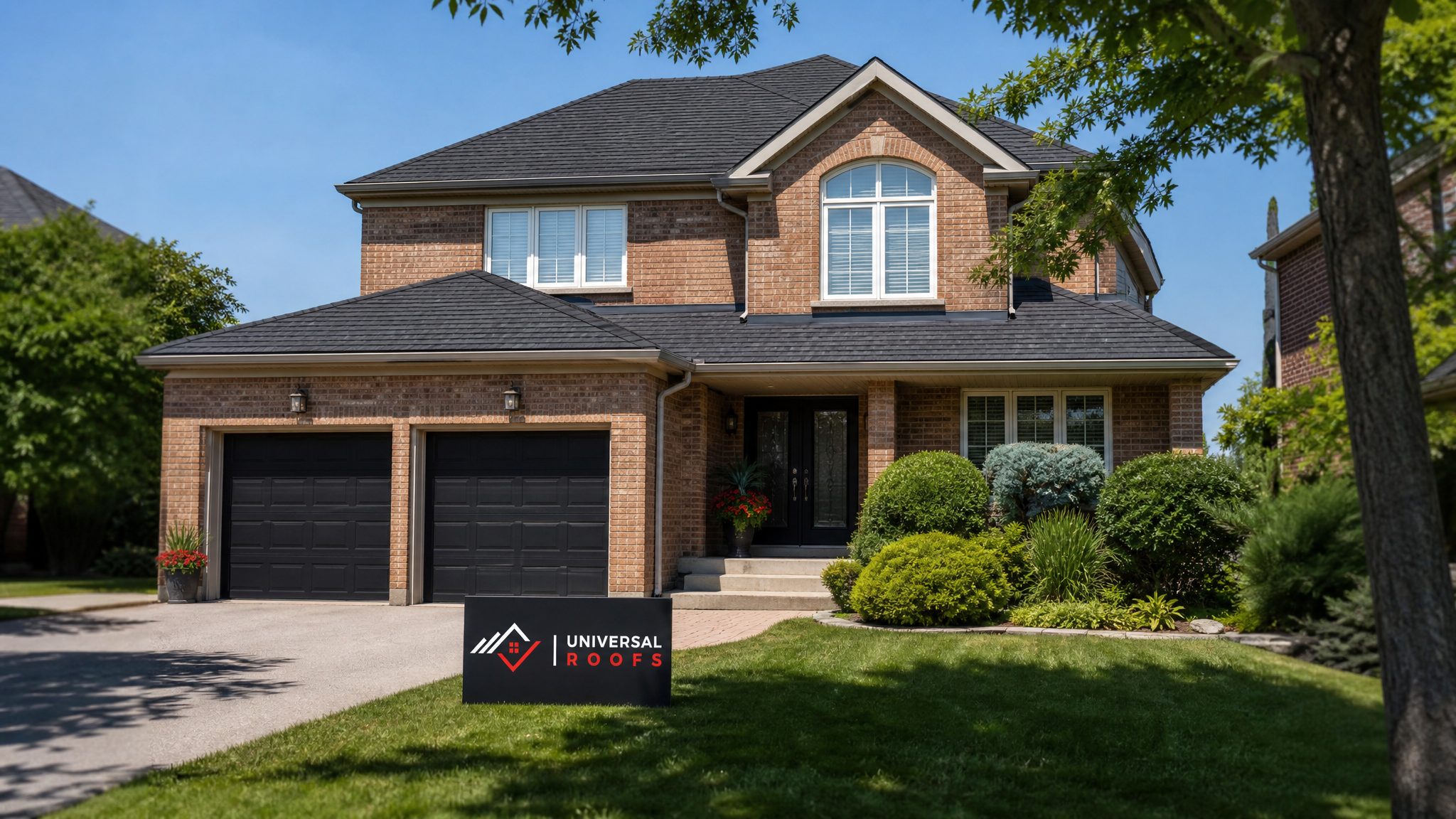 Fully repaired asphalt shingle roof on a Toronto home in summer daylight with no visible storm damage remaining