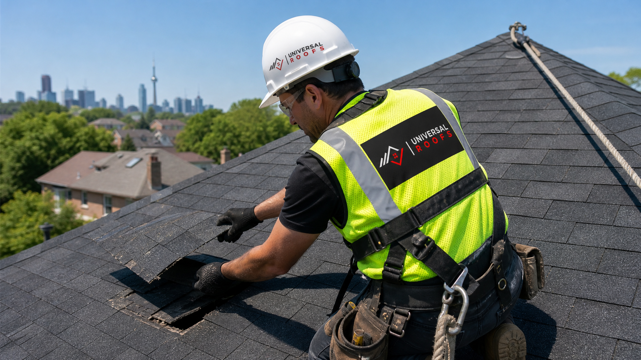Roofing worker in full safety gear inspecting and replacing wind-damaged shingles on a sloped roof