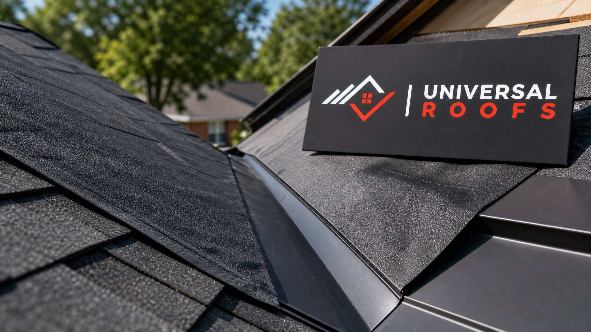 Close-up of new ice and water shield membrane and flashing detail at a roof valley during installation with Universal Roofs sign placard nearby