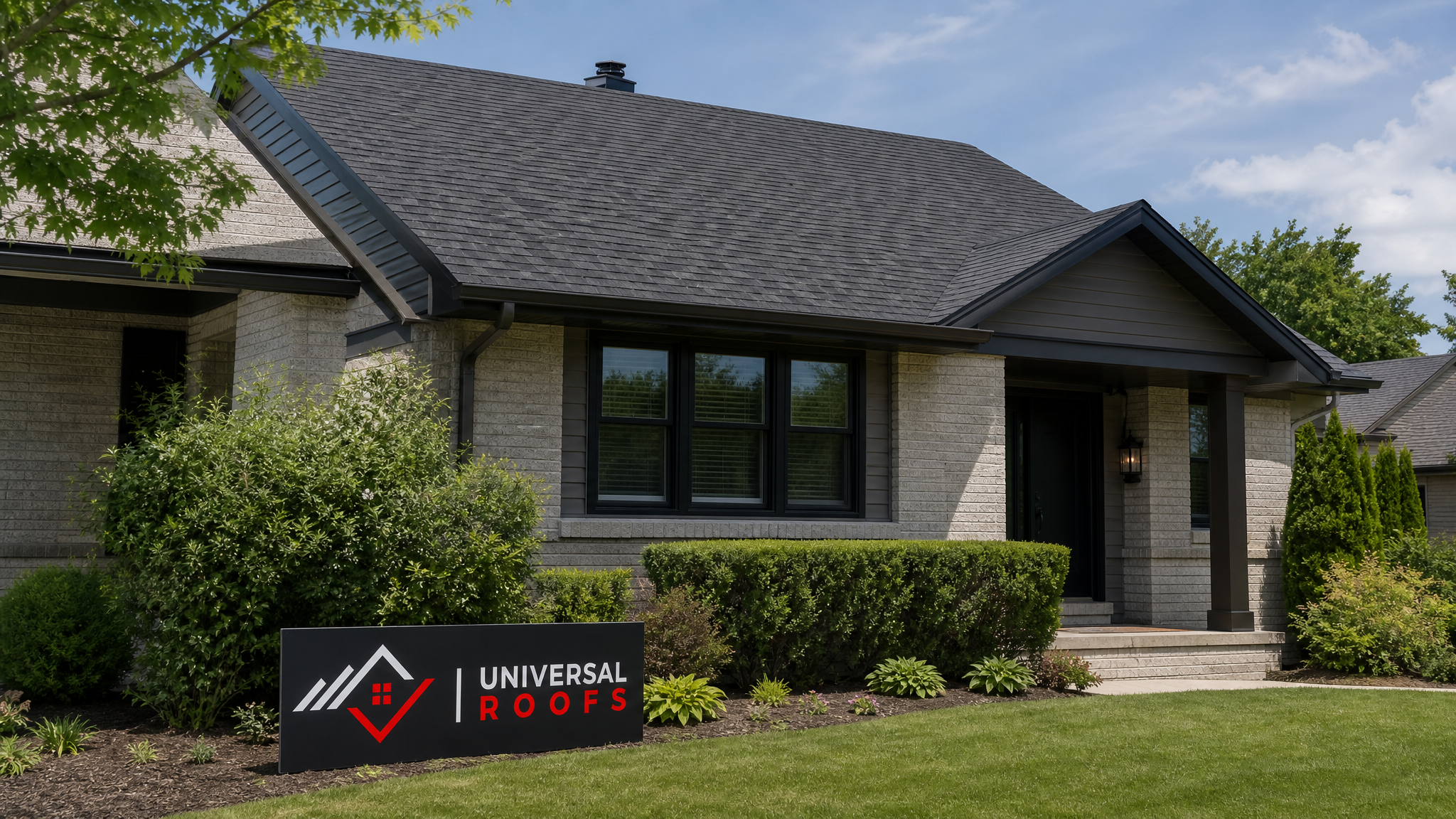 Newly replaced asphalt shingle roof on a Toronto home under clear summer sky with Universal Roofs sign placard in the foreground