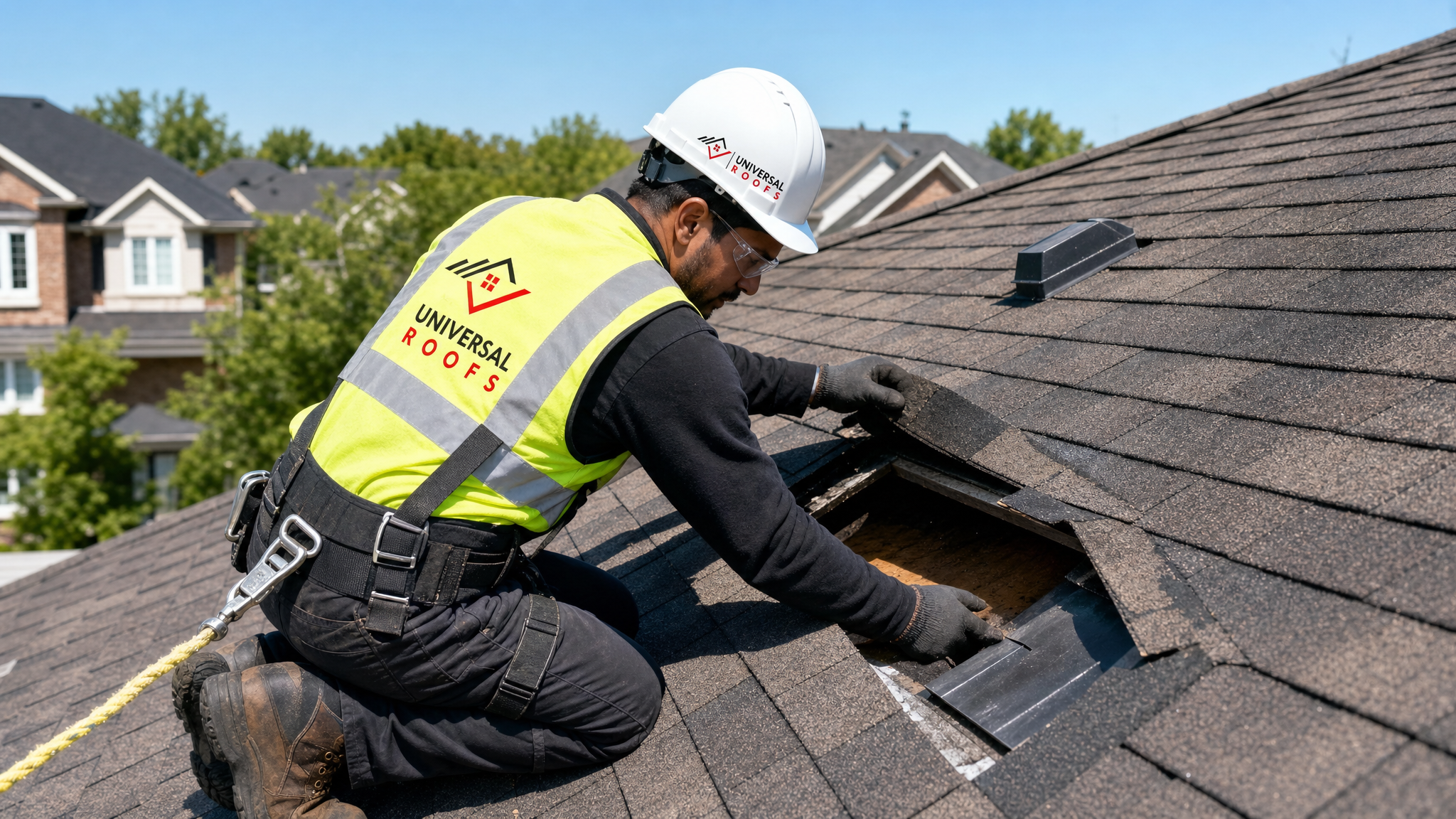 Roofer wearing full safety harness inspecting damaged shingles and flashing for a leak on a residential roof in daylight