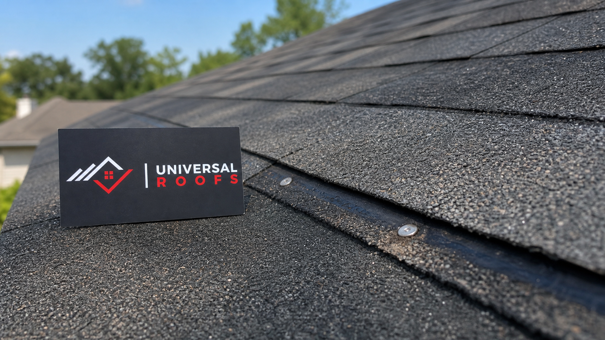 Close-up detail of an asphalt shingle course showing the nailing line, sealant strip, and overlap pattern with a Universal Roofs branded sign placard nearby