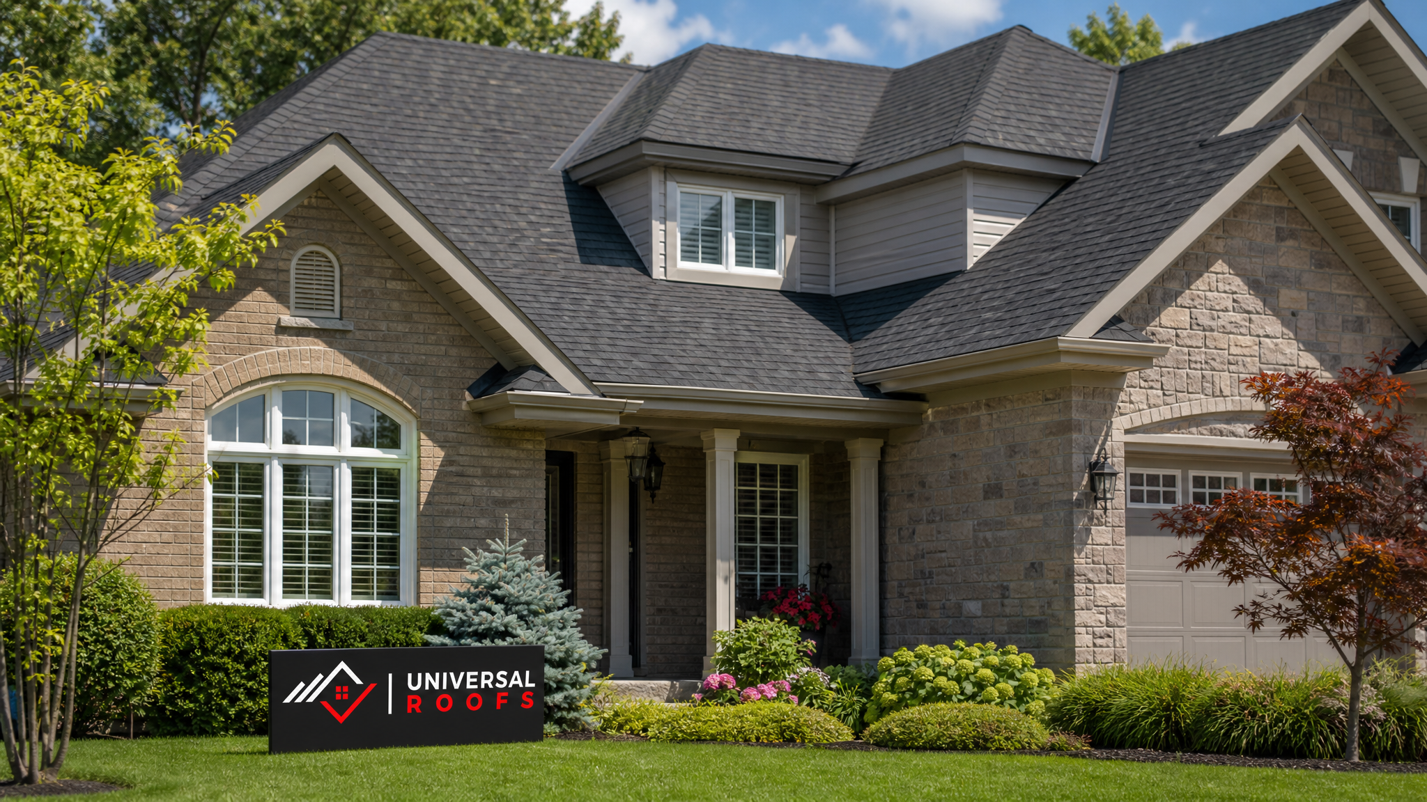 Completed asphalt shingle roof on a Toronto home with all shingles intact and properly sealed in summer daylight