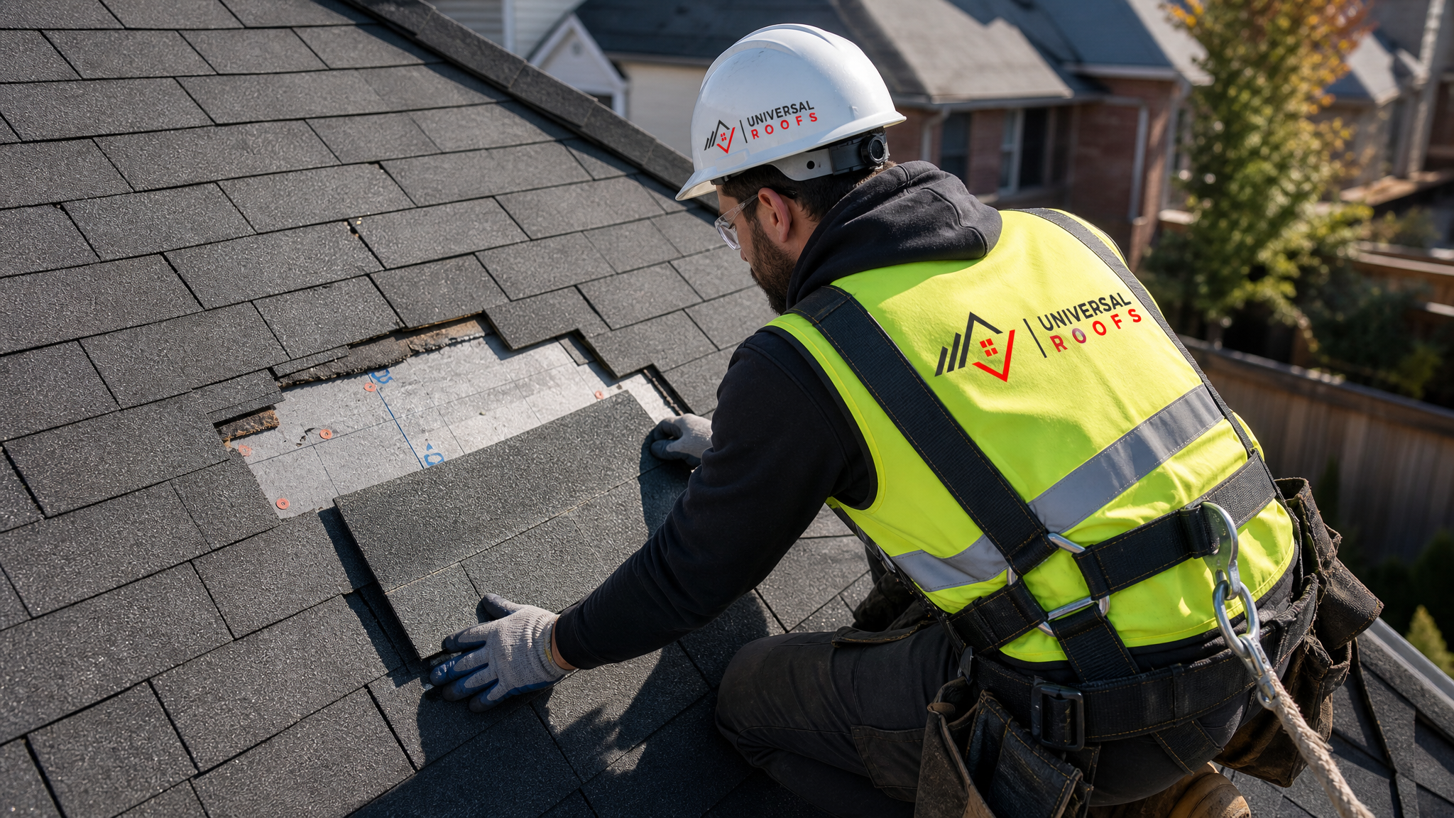 Roofer wearing a hard hat, high-visibility vest, safety glasses, gloves, and a fall-protection harness replacing a missing asphalt shingle on a residential roof