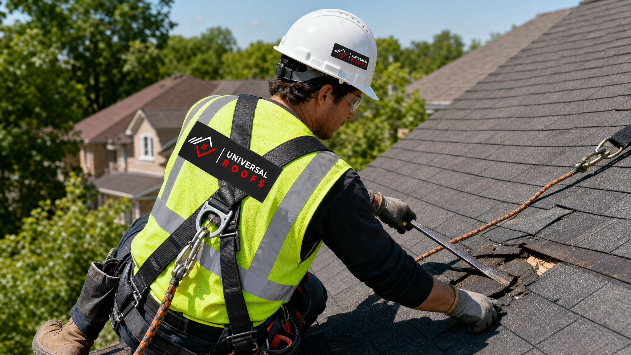 Roofing technician in full safety gear replacing damaged asphalt shingles on a sloped roof