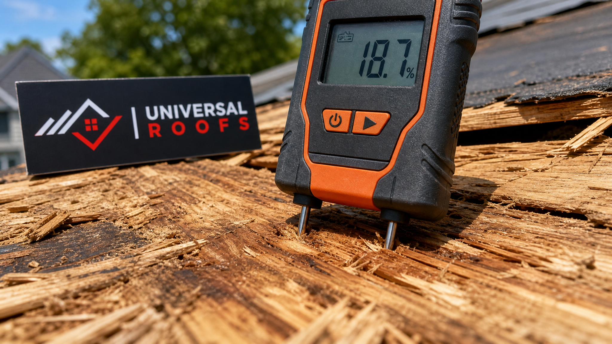 Close-up of an electronic moisture meter probe reading water content in roof sheathing next to a branded inspection sign