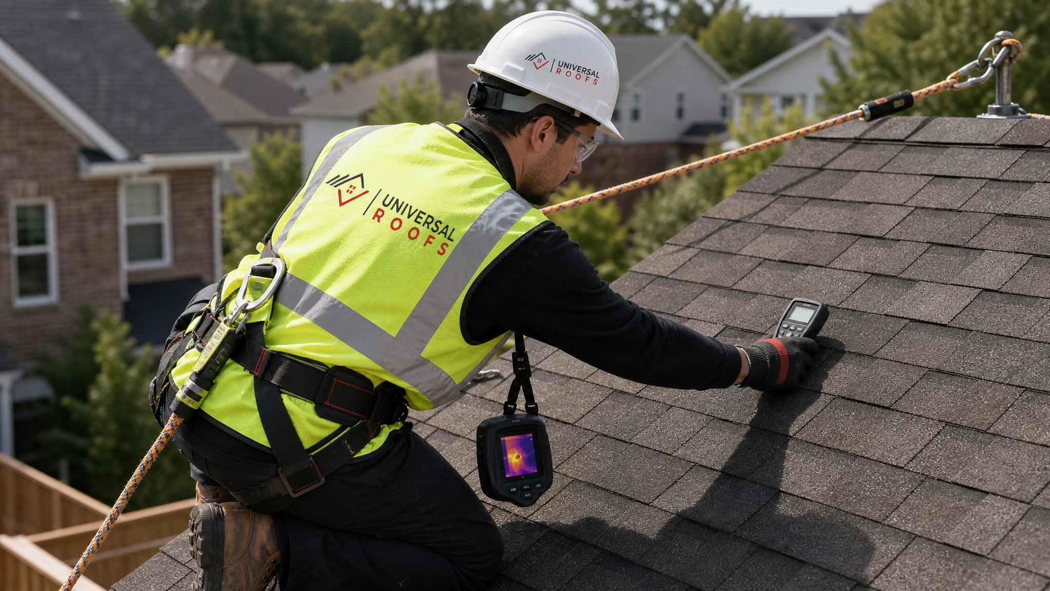 Roofing technician wearing full safety harness using a moisture meter and thermal imaging camera on a residential roof in Toronto