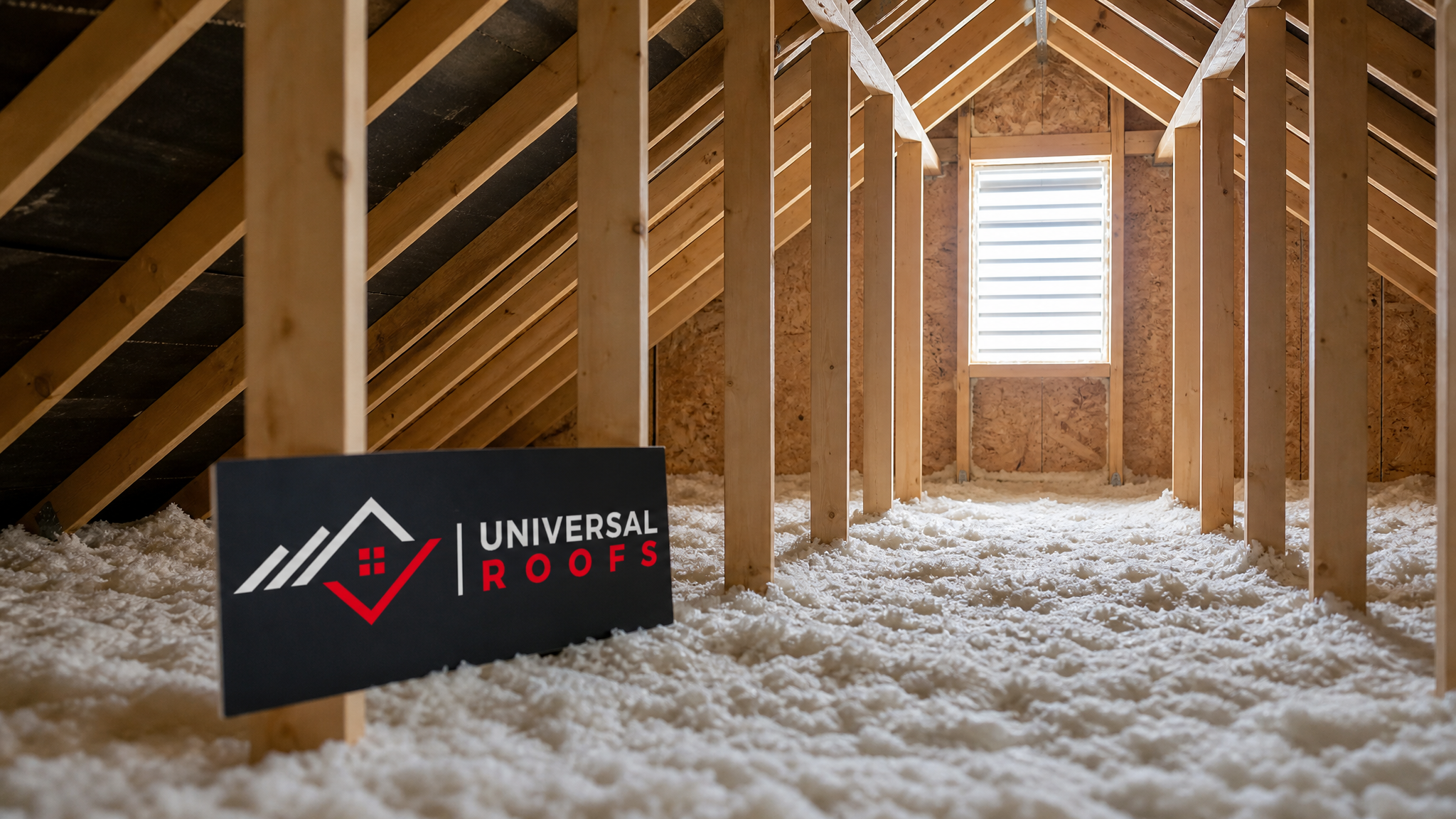 Repaired and reinforced roof truss system in a Toronto attic with even roof plane and no ice damming visible on the eaves in summer daylight