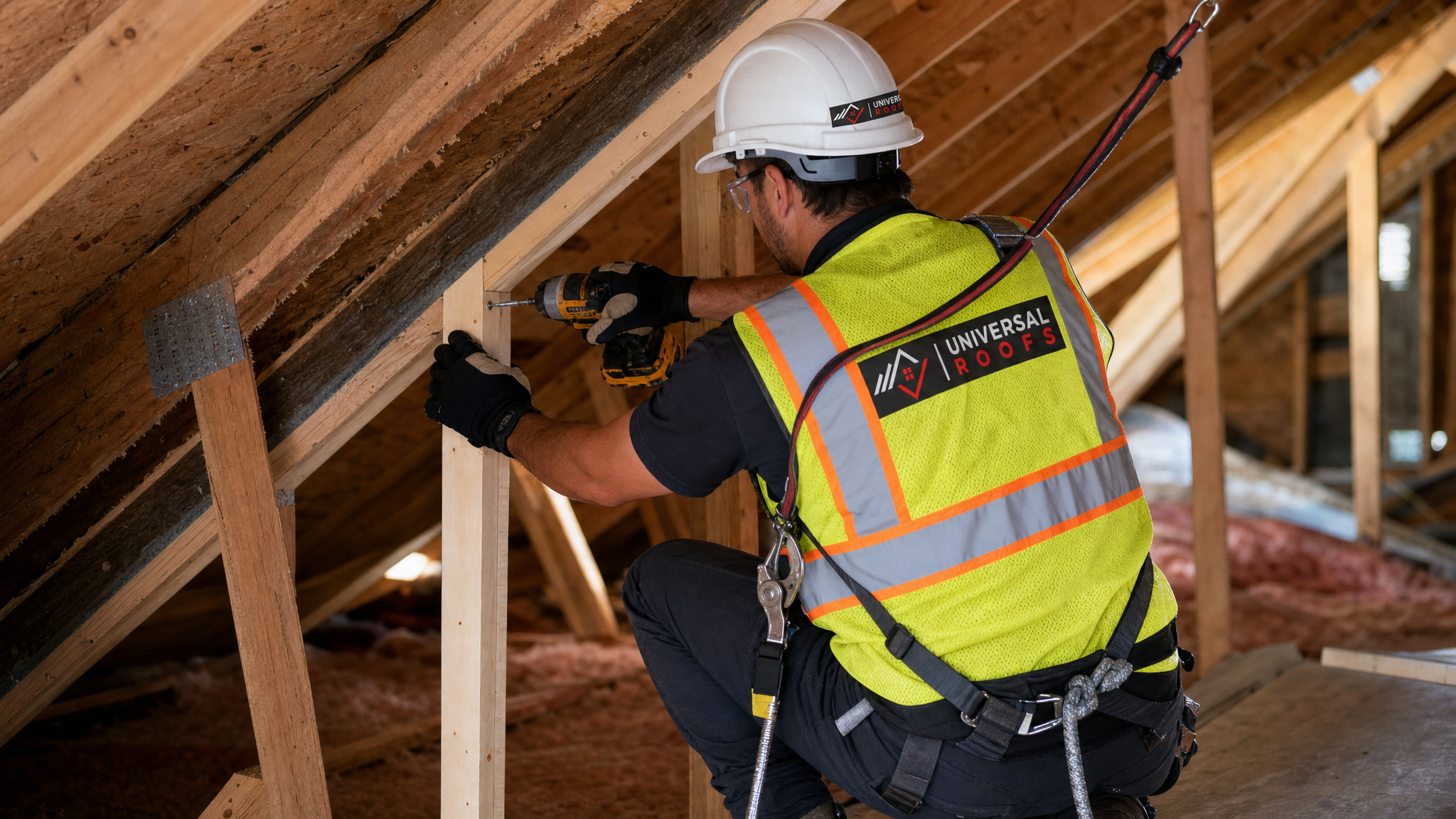 Roofing technician wearing full safety harness and PPE sistering a new engineered lumber member onto a sagging roof truss inside a Toronto attic