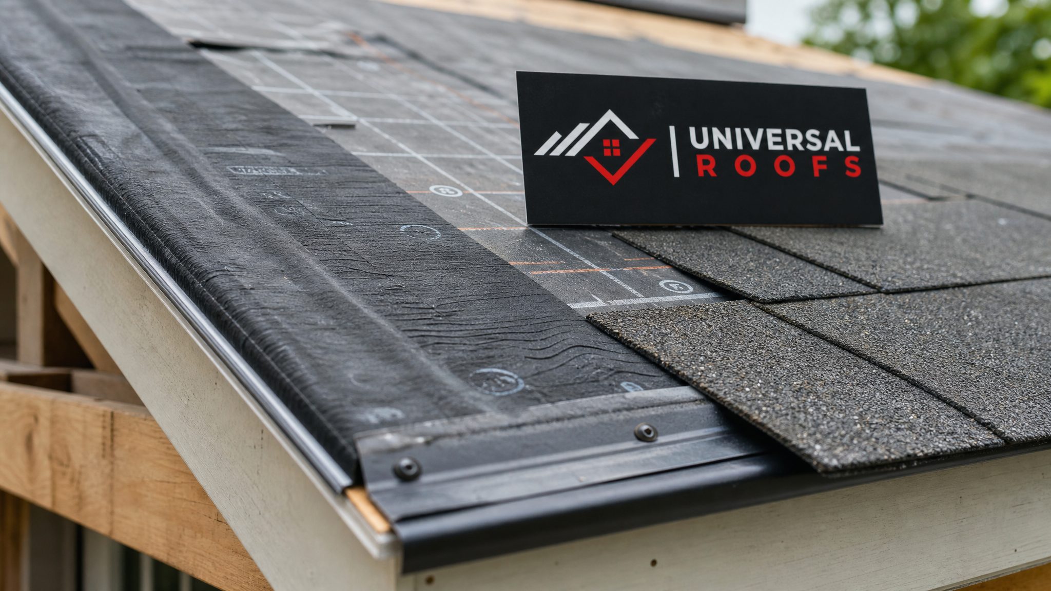 Close-up of layered ice-and-water shield membrane, synthetic underlayment, and drip edge flashing at a roof eave with a Universal Roofs branded sign placard