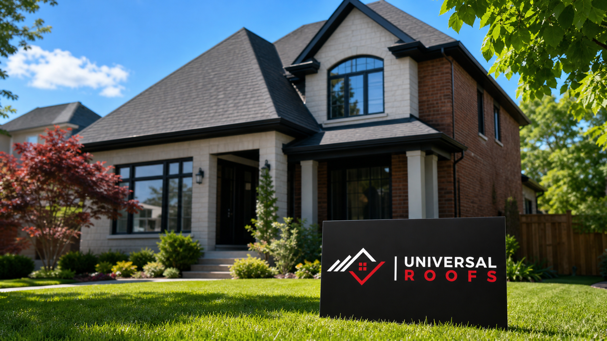 Finished sloped asphalt shingle roof on a Toronto home in summer daylight with a Universal Roofs branded sign placard resting on the lawn
