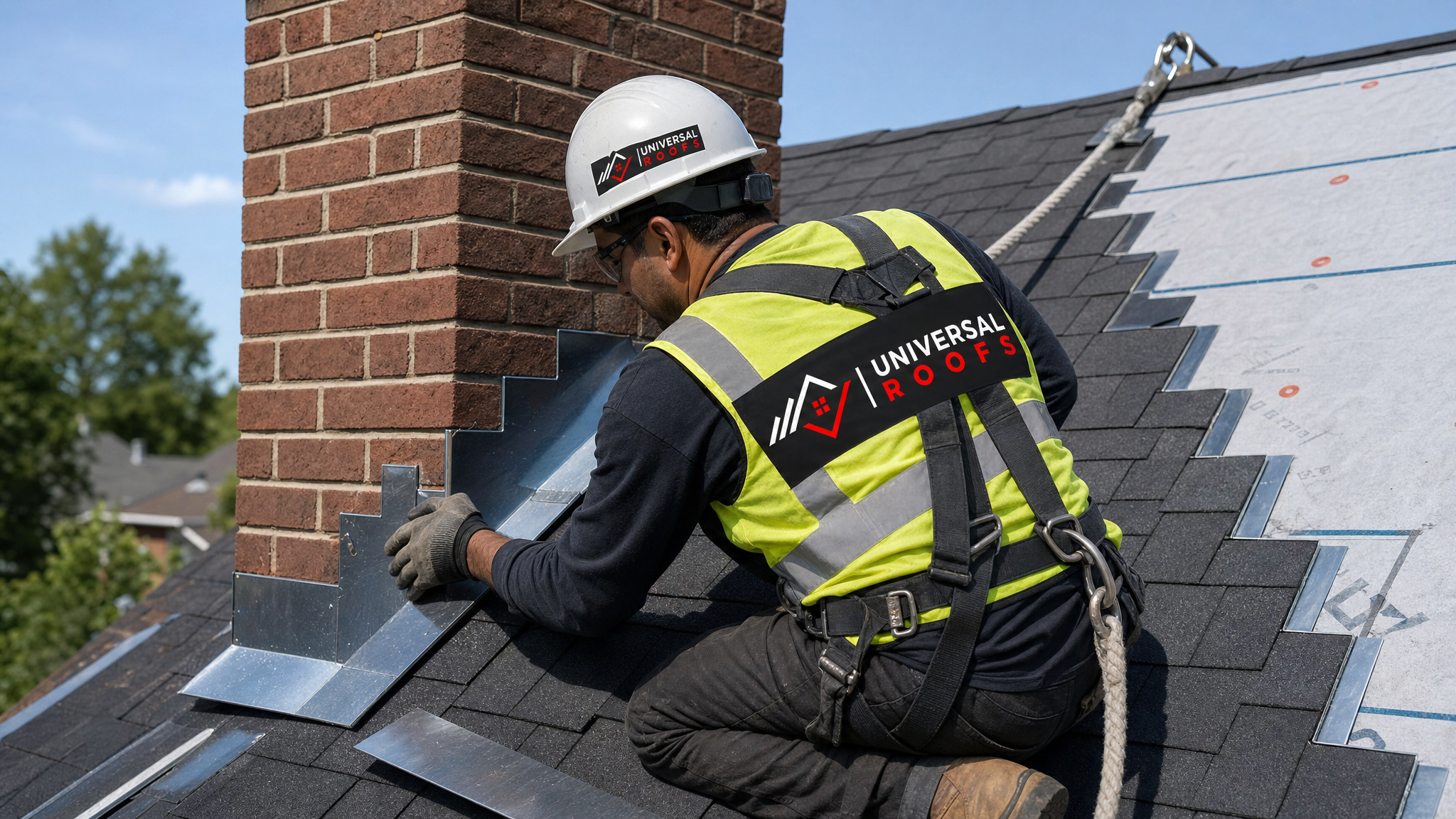Roofer wearing hard hat, hi-vis vest, safety glasses, gloves, and a fall-protection harness installing step flashing around a chimney on a sloped shingle roof in Toronto