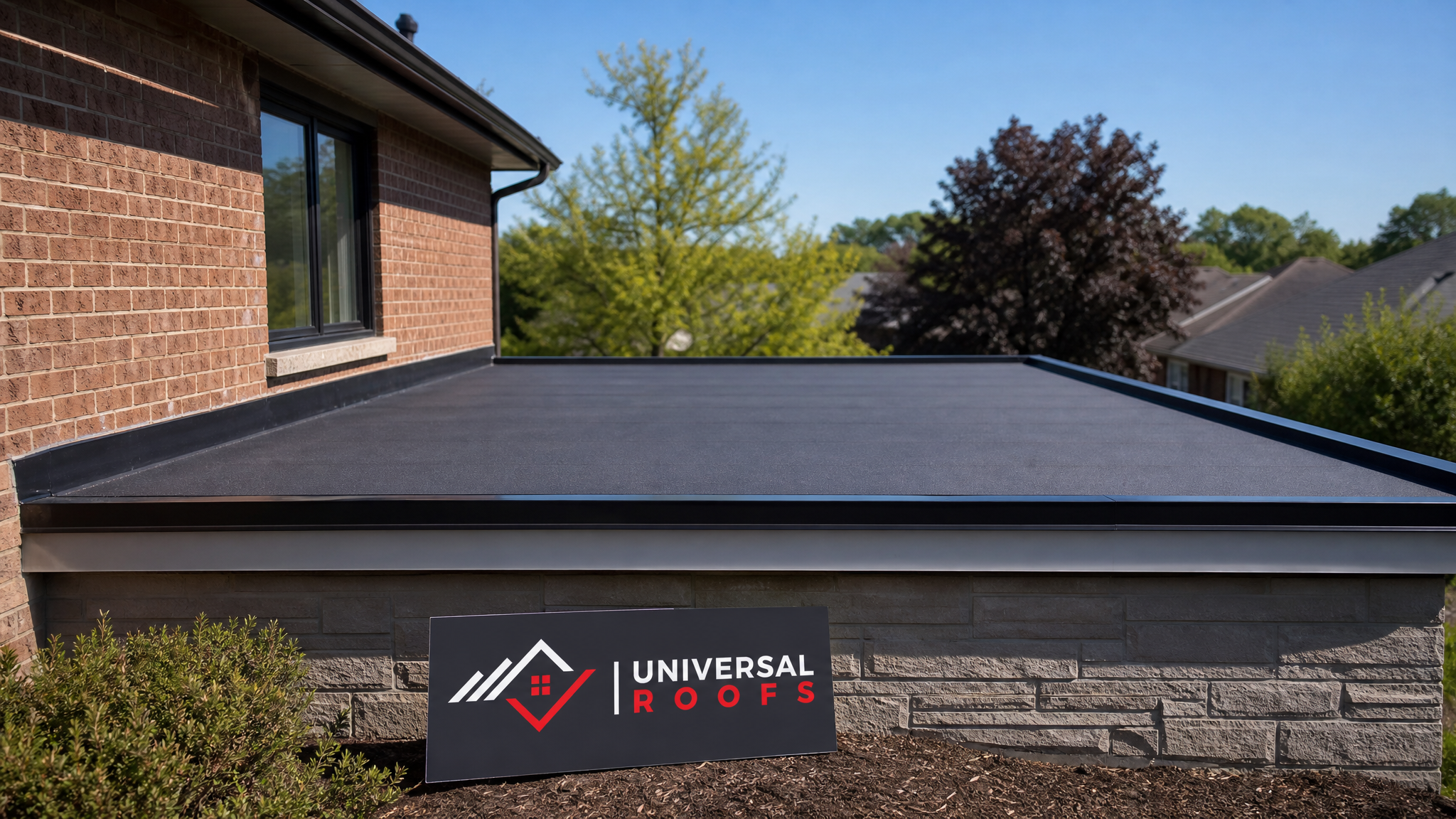 Finished waterproofed flat roof section on a Toronto home in summer daylight with a Universal Roofs branded sign placard nearby