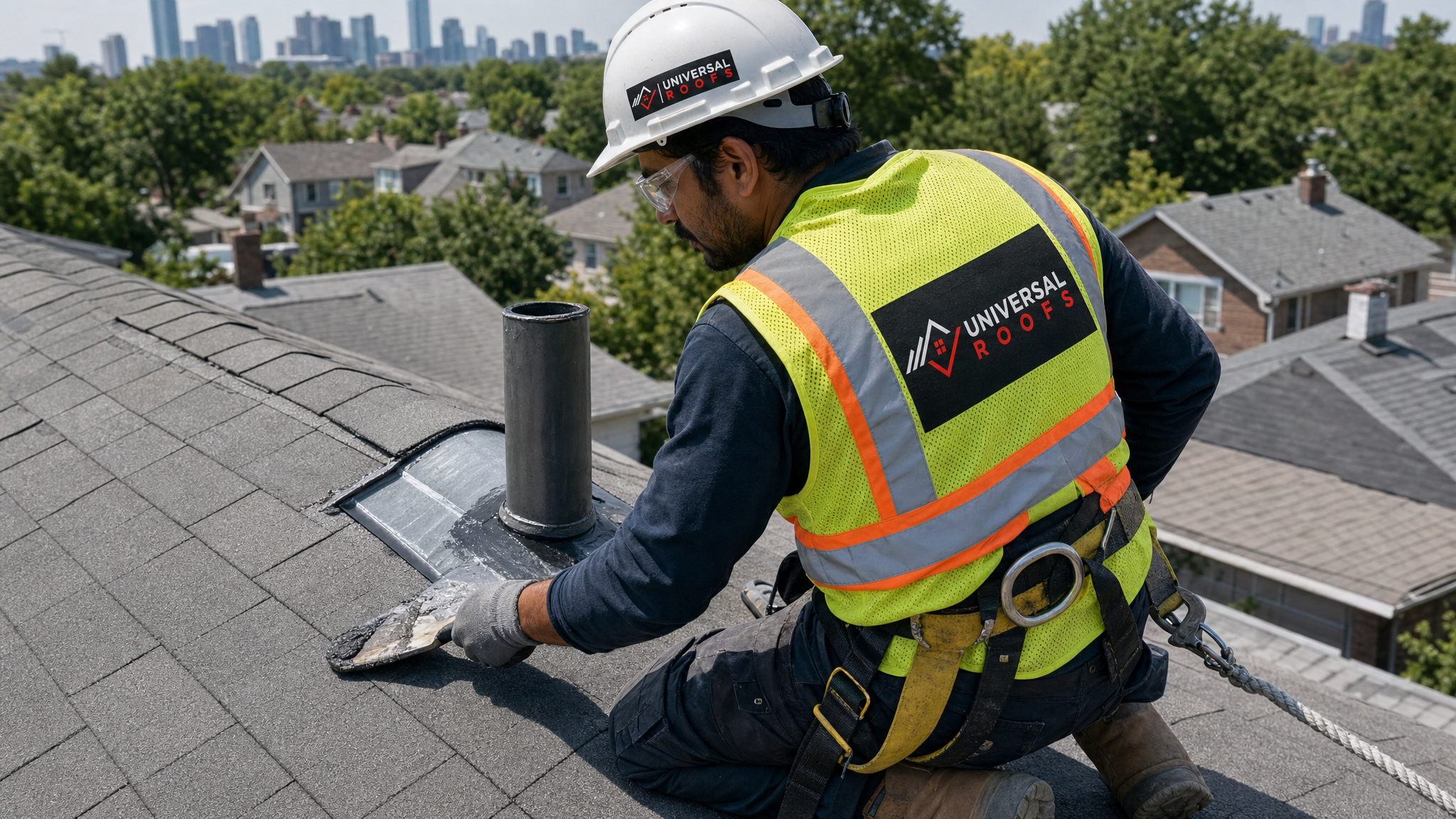 Roofer wearing full safety harness applying waterproof membrane sealant to flashing on a Toronto home roof in daylight