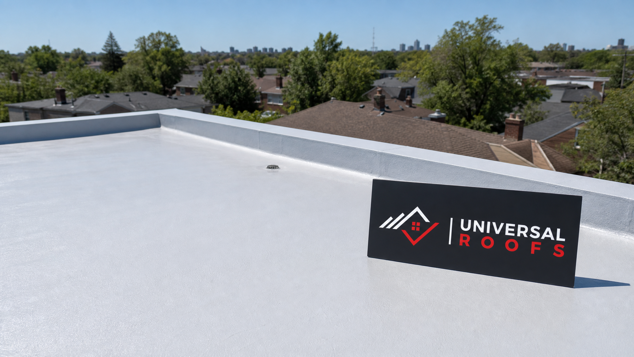 Freshly coated flat roof in Toronto reflecting bright summer sunlight with a smooth seamless white membrane surface