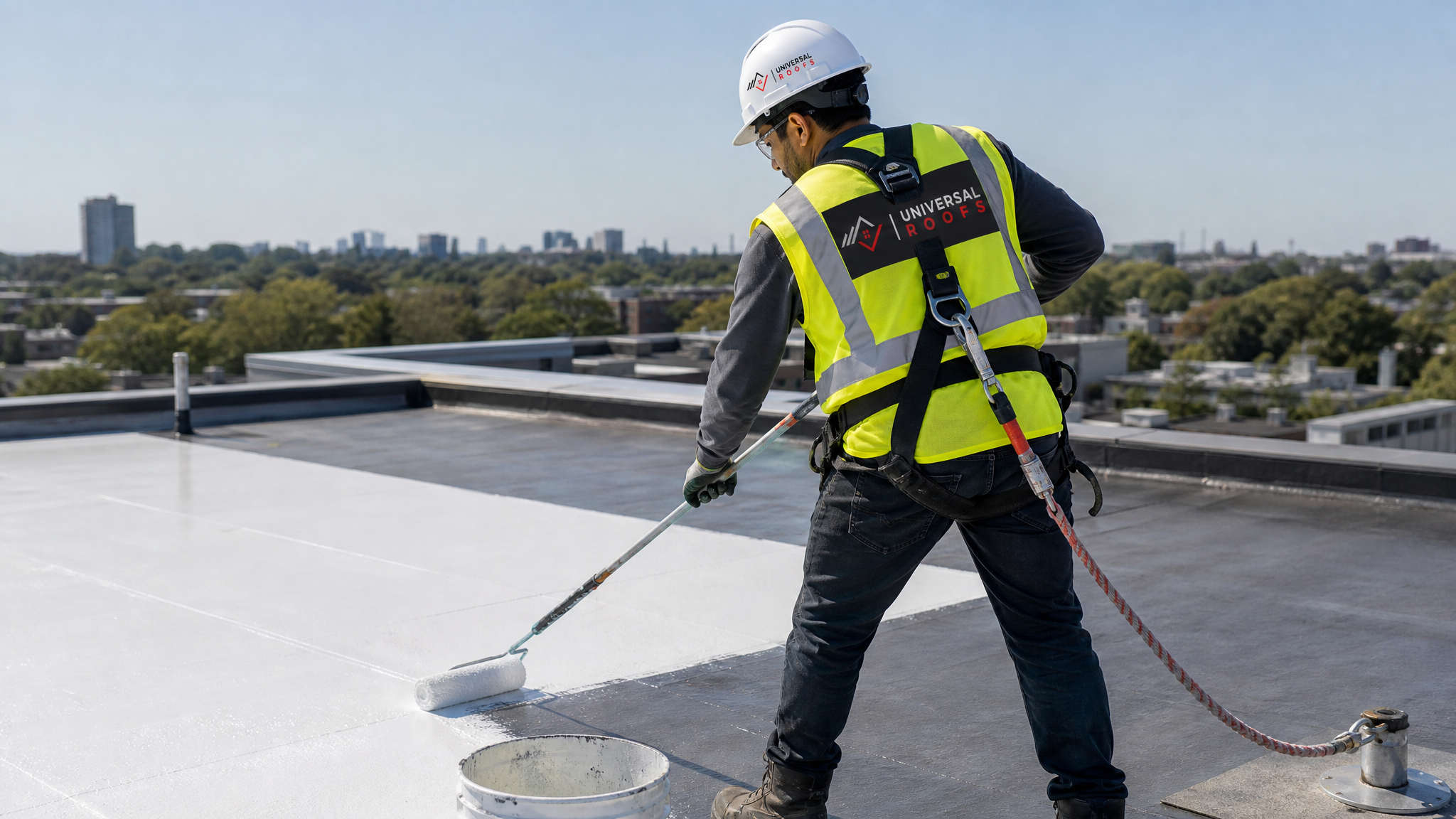 Roofing technician in full safety harness applying a white silicone roof coating with a roller on a flat commercial roof in Toronto