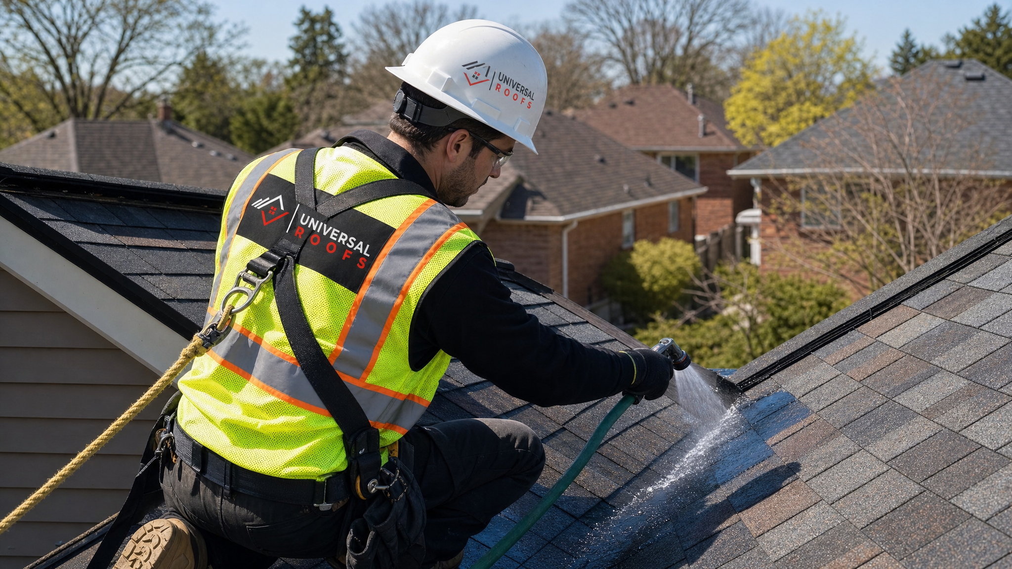 Roofer wearing full safety harness performing a controlled water test near a roof valley to trace a leak source on a Toronto home