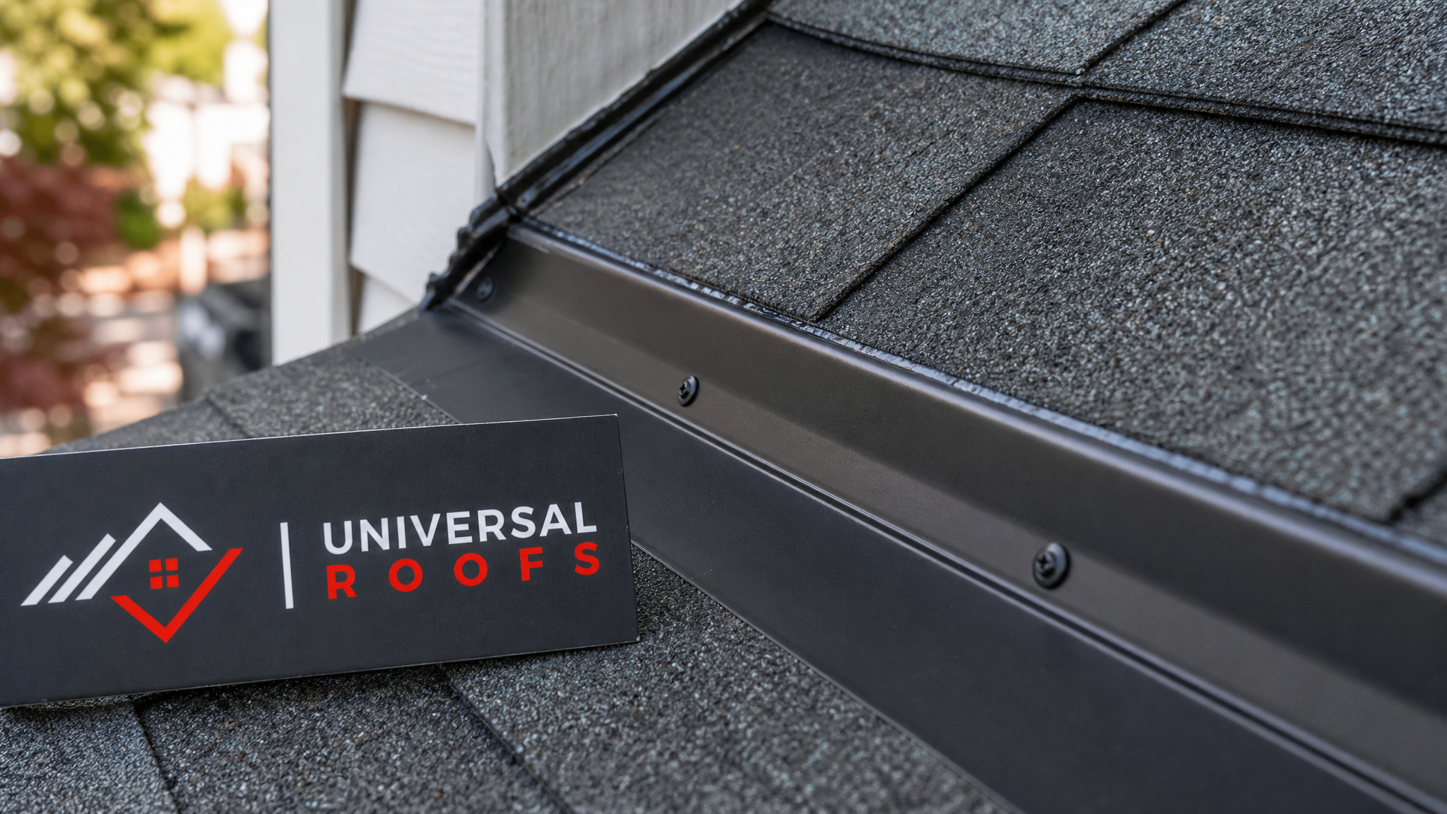 Close-up of new flashing and sealed shingle edge on a repaired roof section with a Universal Roofs branded sign placard visible nearby