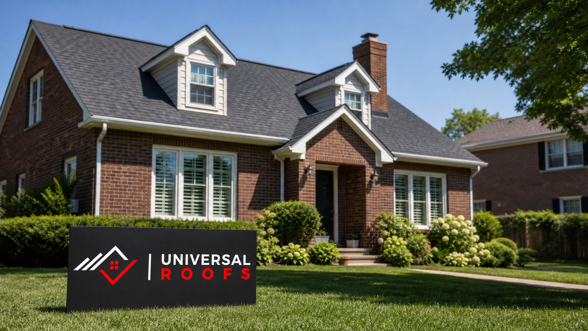 Repaired residential roof in a Toronto suburb on a clear summer day with a Universal Roofs branded sign placard resting on the lawn