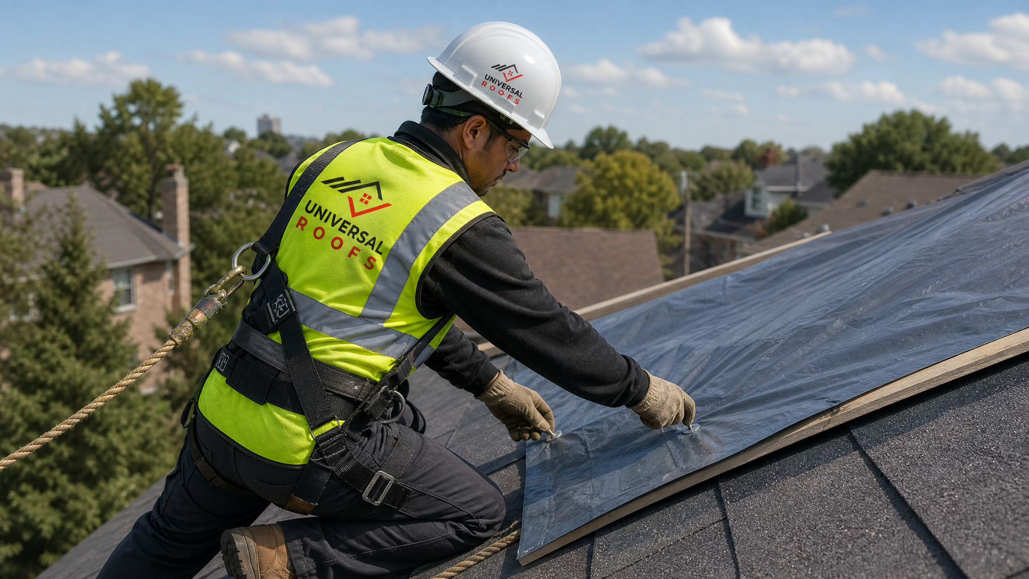 Roofer wearing hard hat, hi-vis vest, safety glasses, gloves, steel-toe boots and a fall-protection harness securing a tarp on a residential roof during daylight