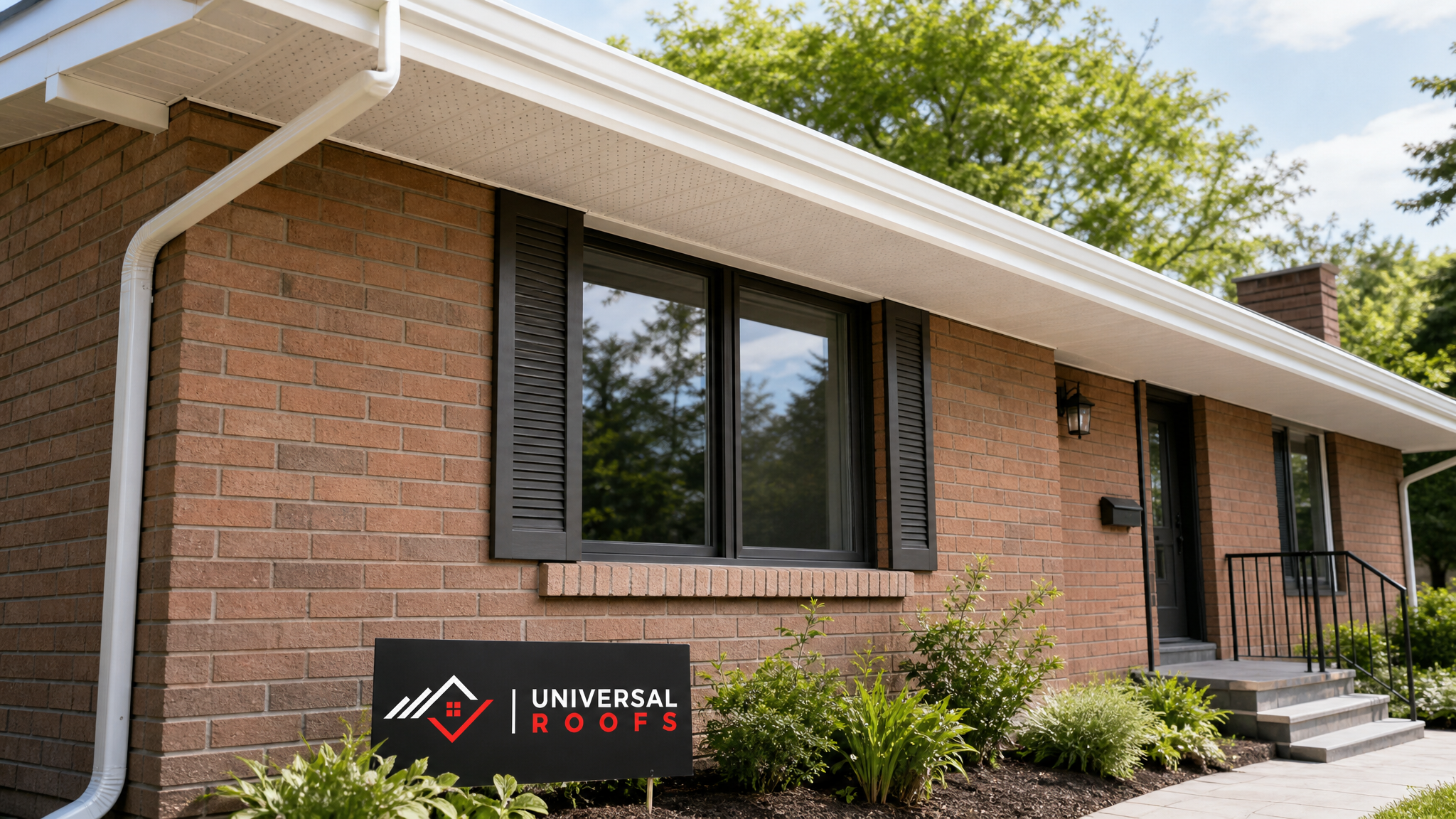 Freshly repaired white aluminum soffit and fascia along a Toronto-area home roofline in summer daylight