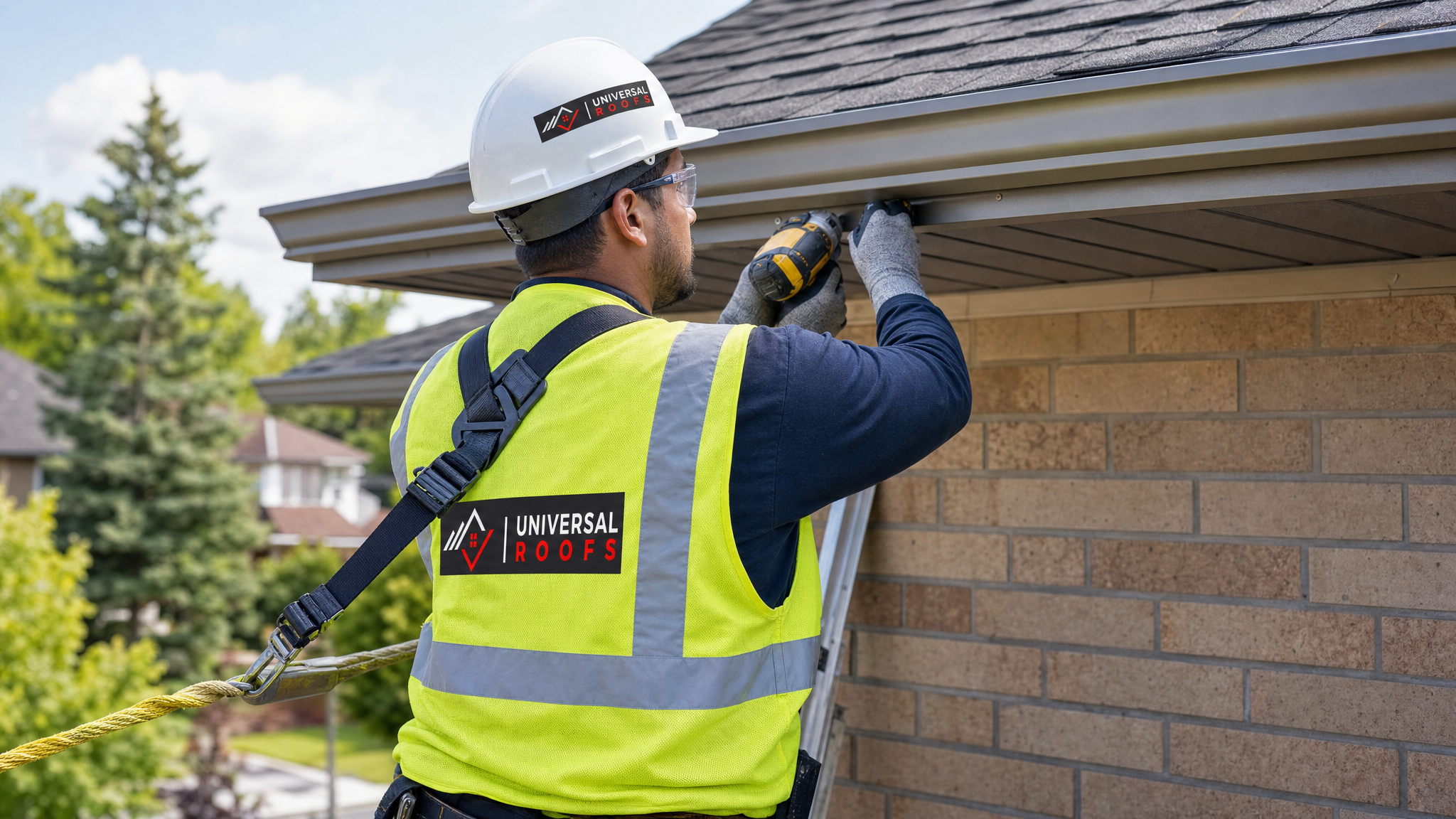 Roofer wearing full safety harness and PPE repairing aluminum soffit and fascia panels under a roof overhang on a Toronto home