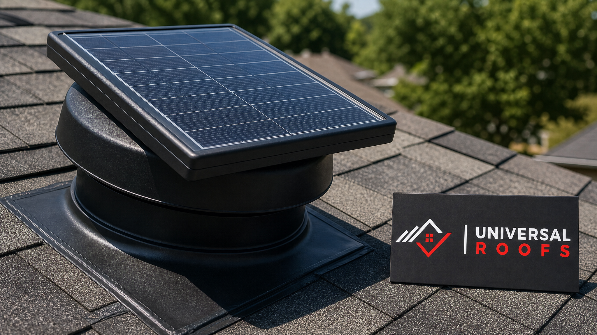 Close-up of a solar roof ventilation fan's photovoltaic panel and flashing base on asphalt shingles