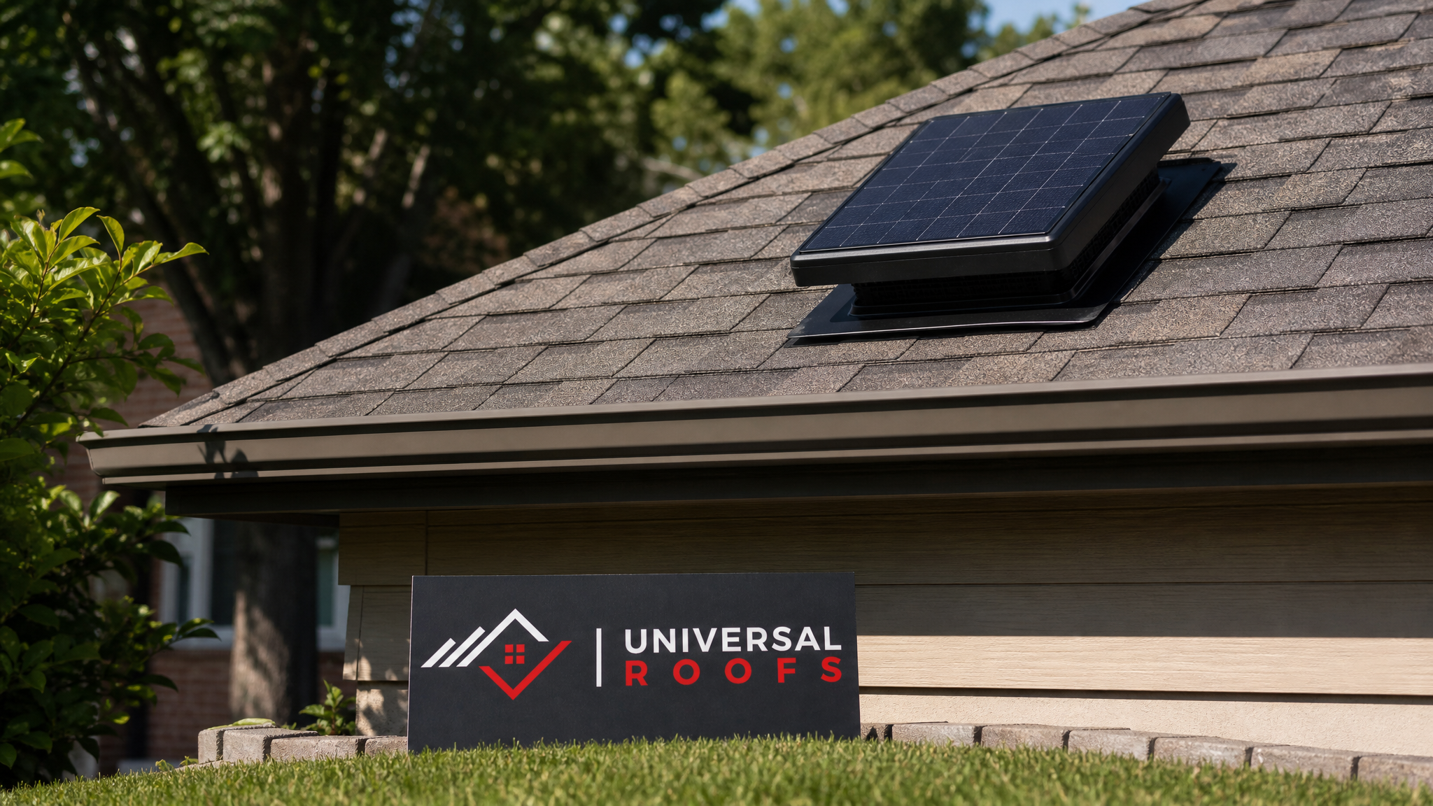 A solar powered roof ventilation fan mounted on an asphalt shingle roof of a Toronto home on a sunny summer day