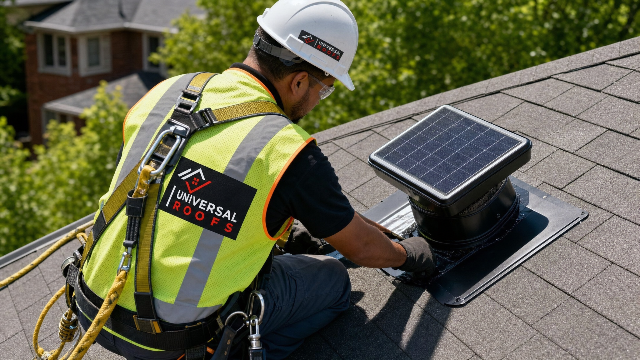 Roofer wearing full safety harness installing a solar powered attic ventilation fan on an asphalt shingle roof