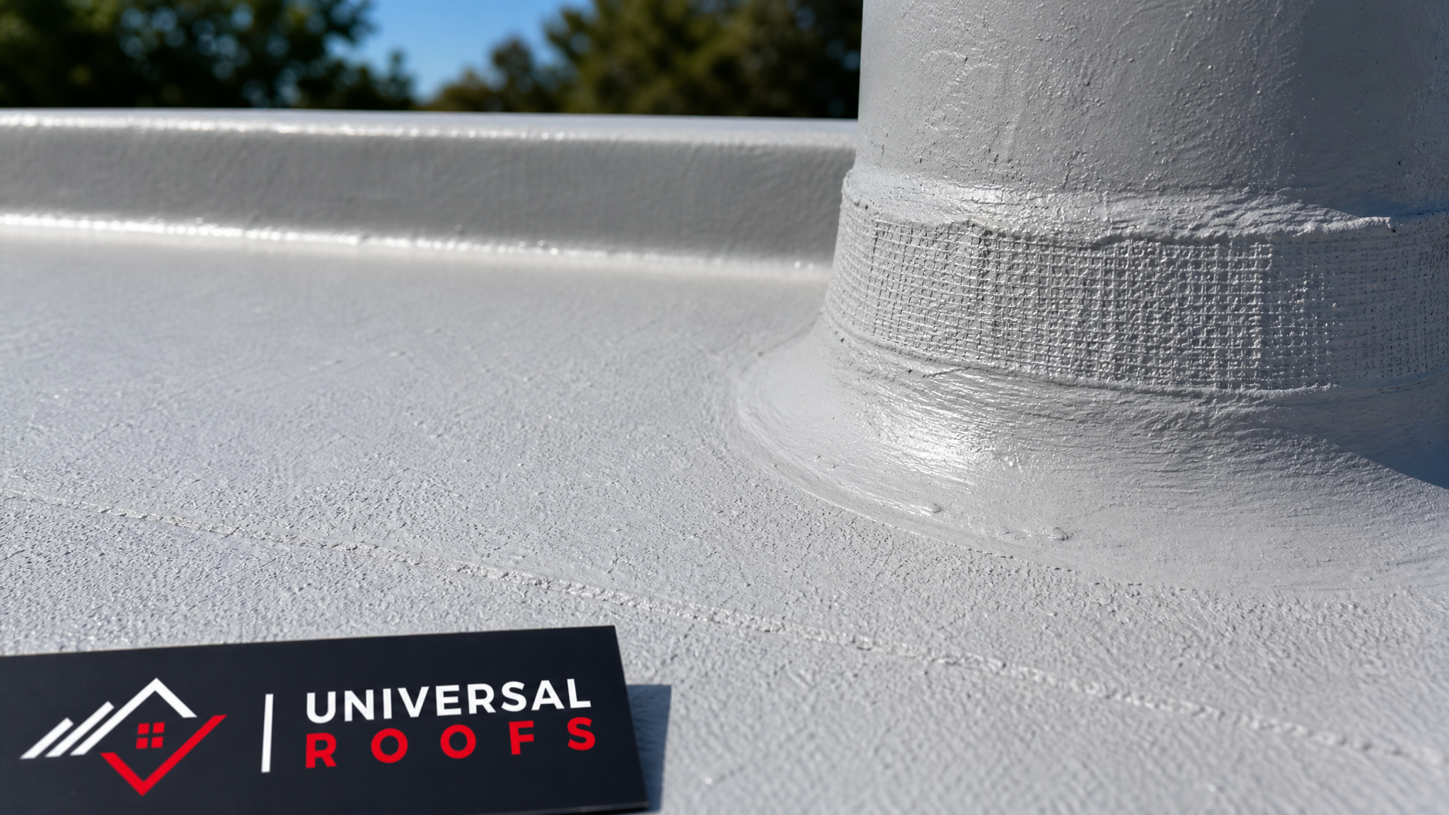 Close-up detail of a cured silicone weather resistant roof coating showing seamless reinforced seam application