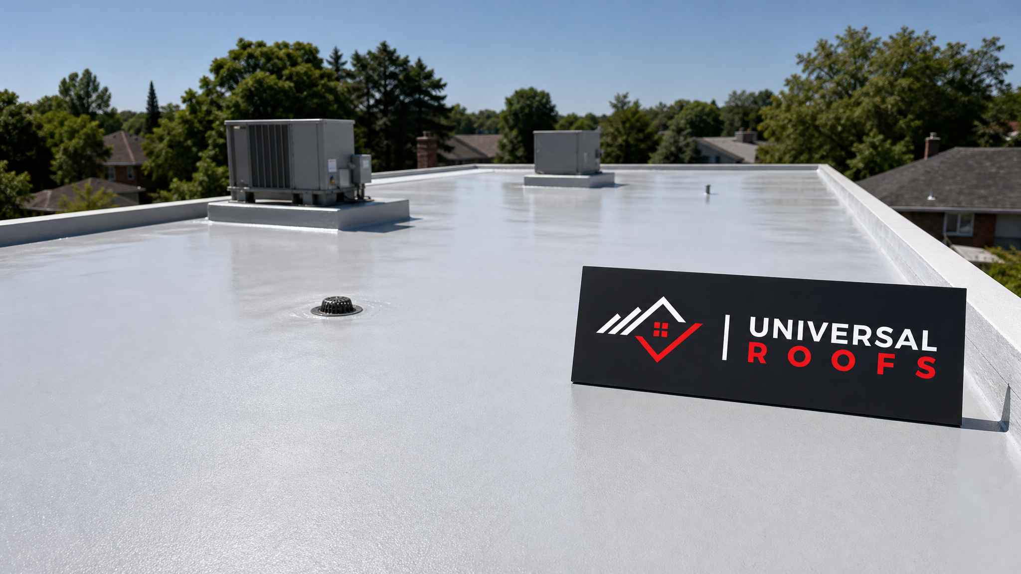 Freshly coated flat commercial roof in Toronto reflecting summer sunlight with a smooth, seamless weather resistant finish