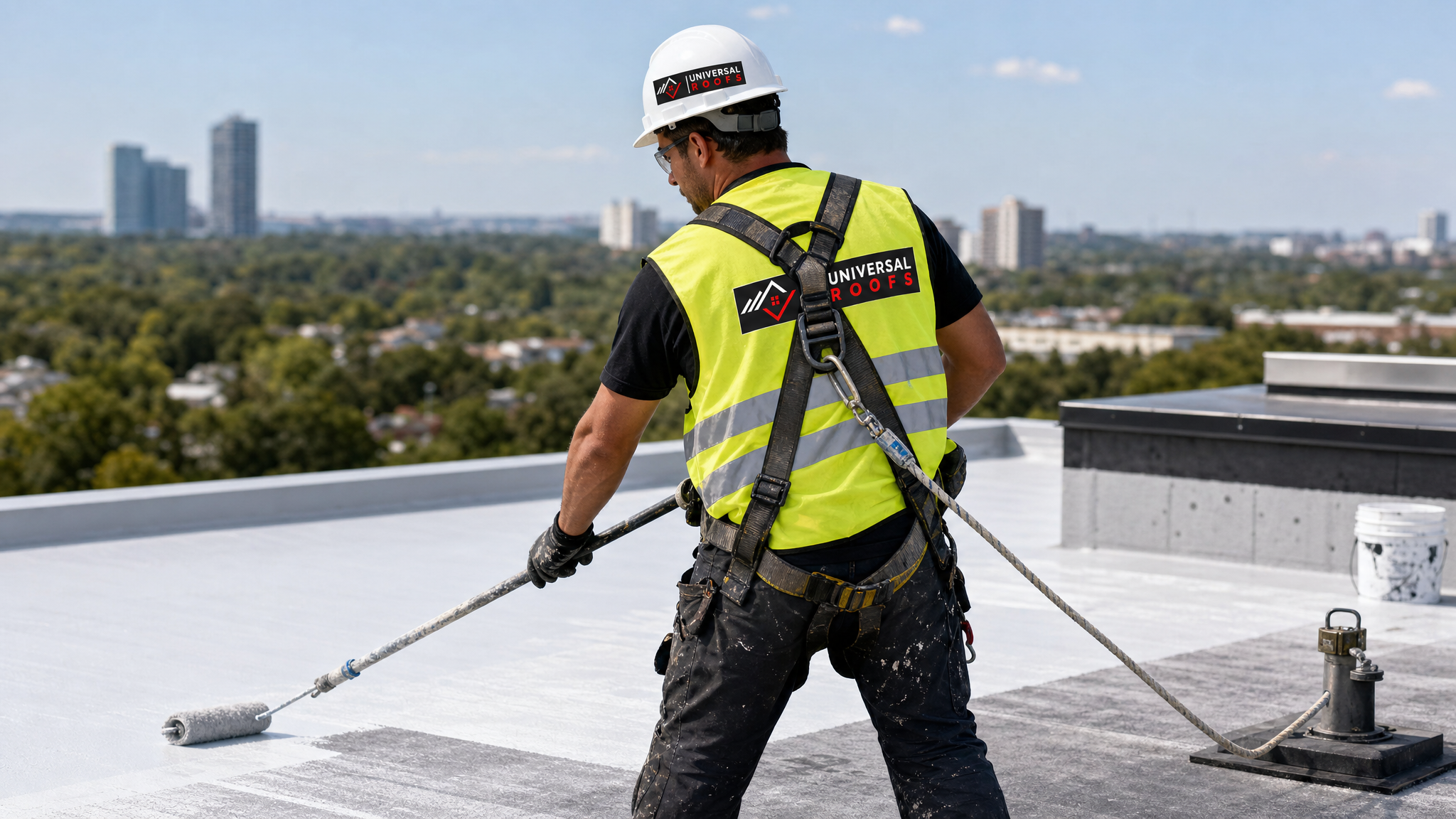 Roofer wearing full safety harness and PPE rolling weather resistant coating onto a flat commercial roof surface in Toronto