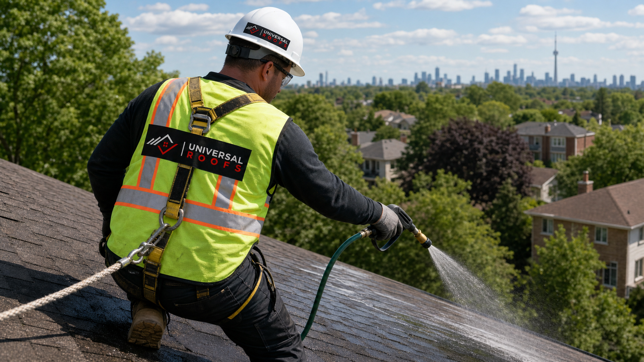 Roofer wearing full safety harness and PPE applying a low pressure algae cleaning treatment to asphalt shingles on a Toronto home