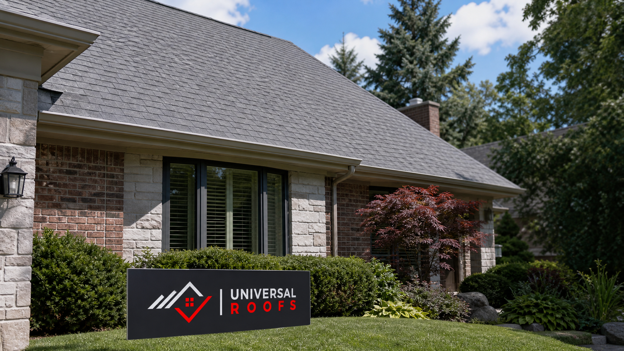 Newly repaired asphalt shingle roof on a Toronto home under clear summer sky with a Universal Roofs branded sign placard resting nearby