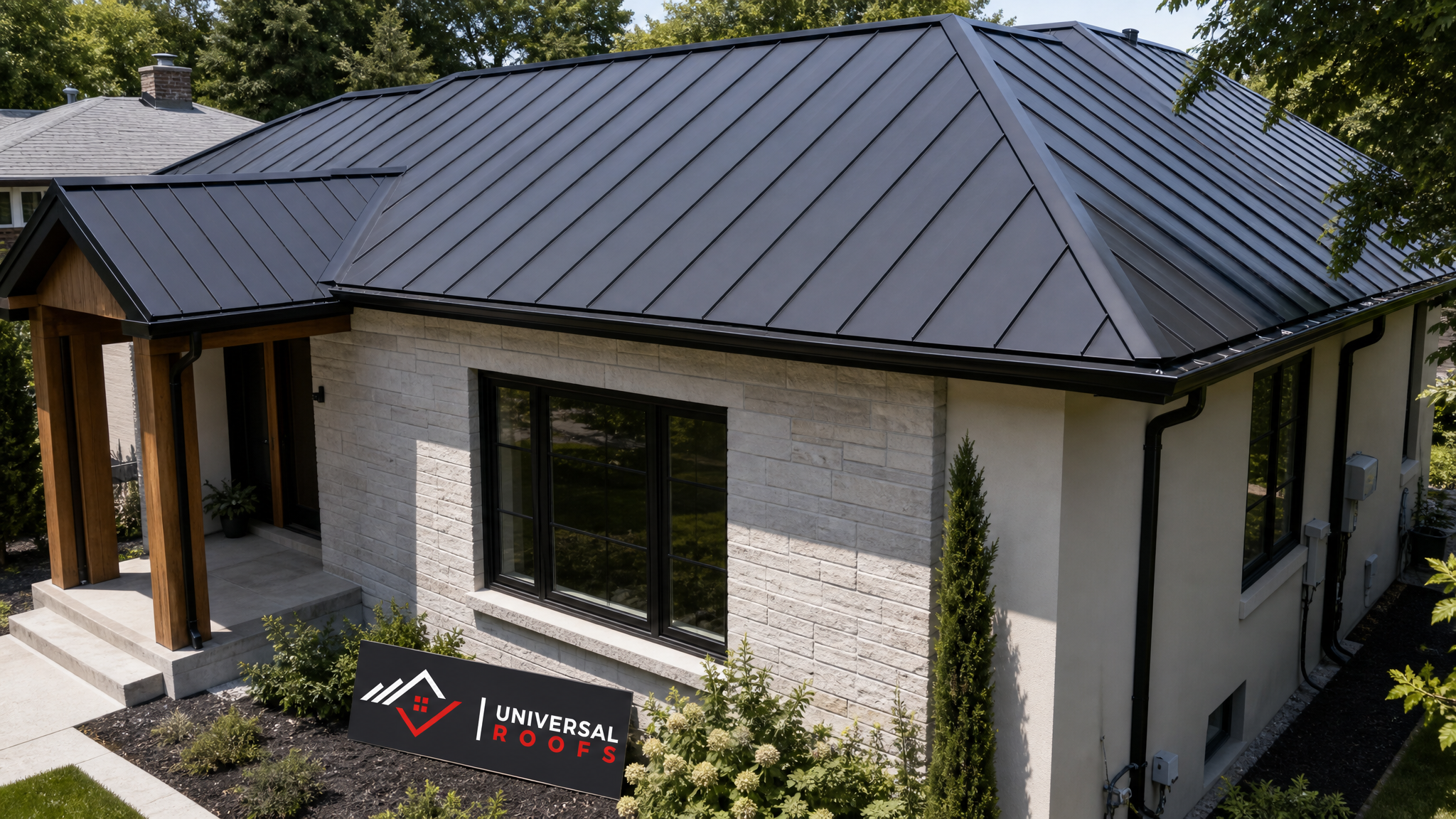Finished standing-seam metal roof on a Toronto home in summer daylight with no visible leaks or damage