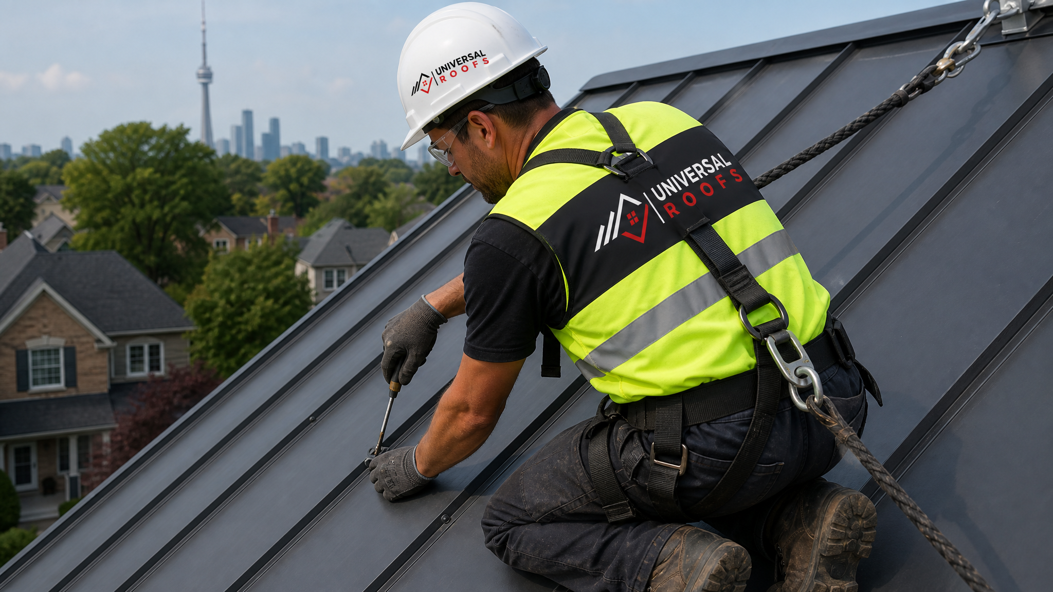 Roofer wearing full safety harness inspecting and replacing fasteners on a metal roof panel in Toronto