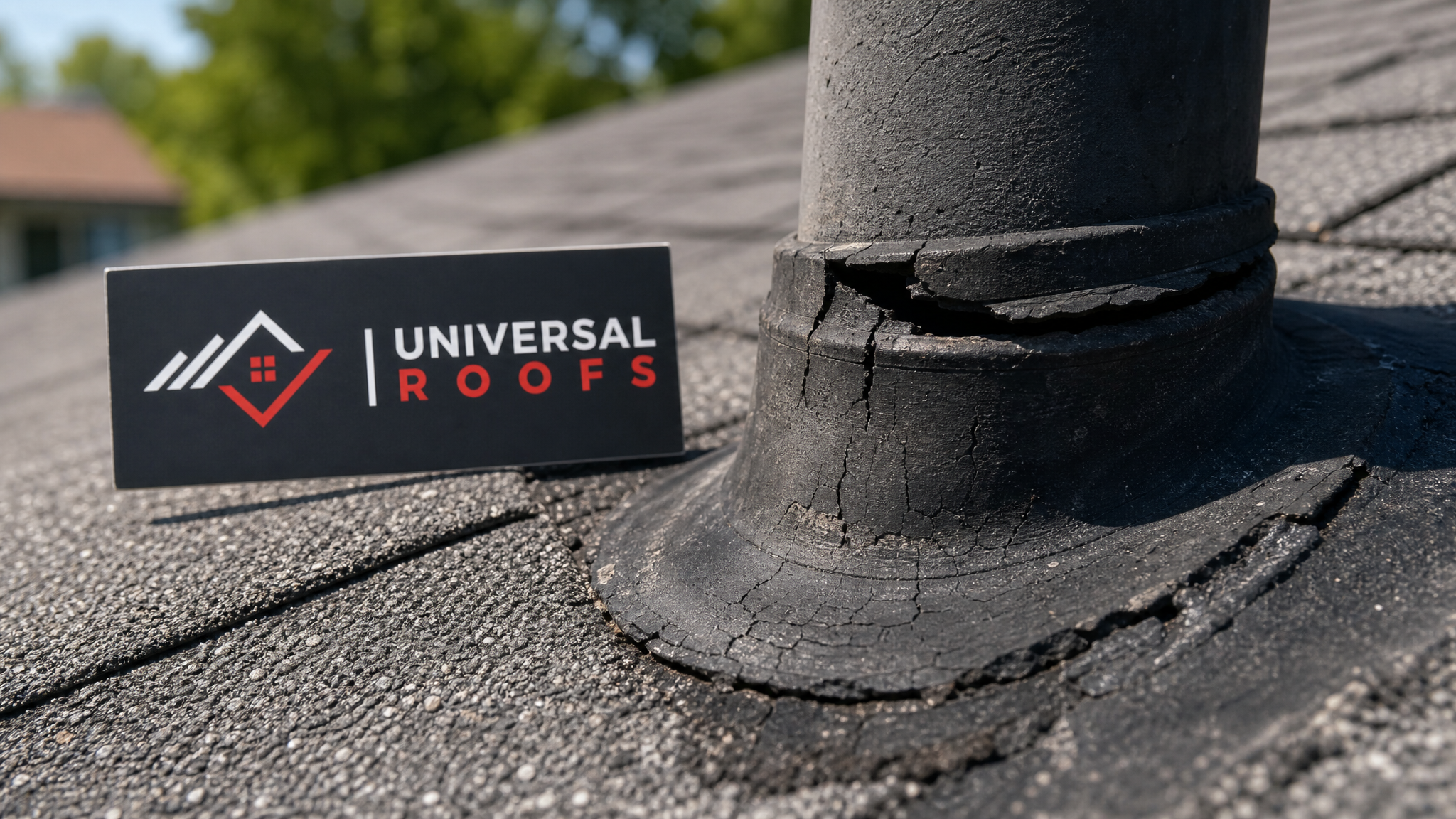 Close-up detail of a cracked neoprene rubber vent pipe boot showing UV degradation and gap where water enters the roof