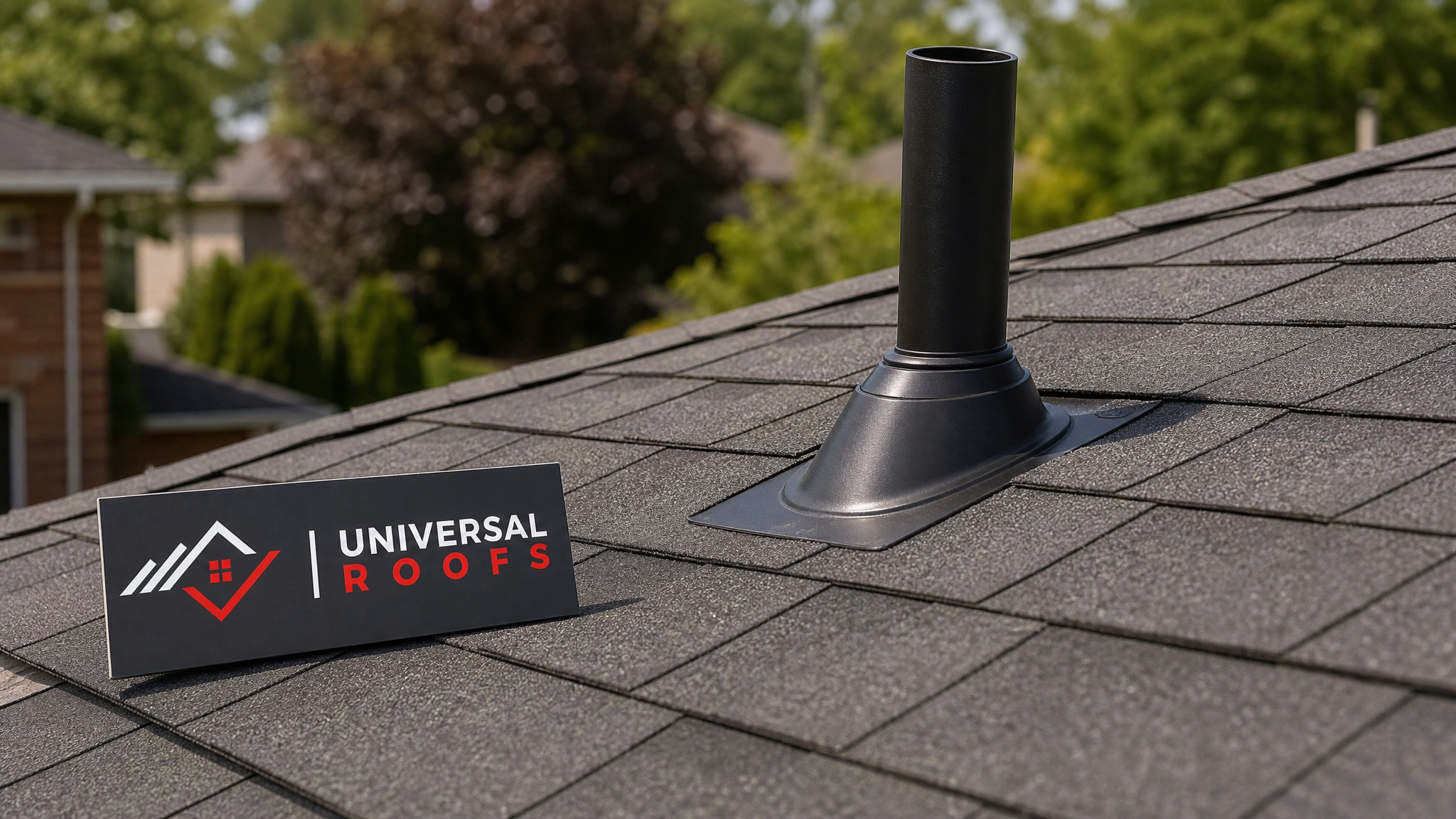 Newly repaired plumbing vent pipe with fresh rubber boot flashing on a Toronto area asphalt shingle roof in summer daylight