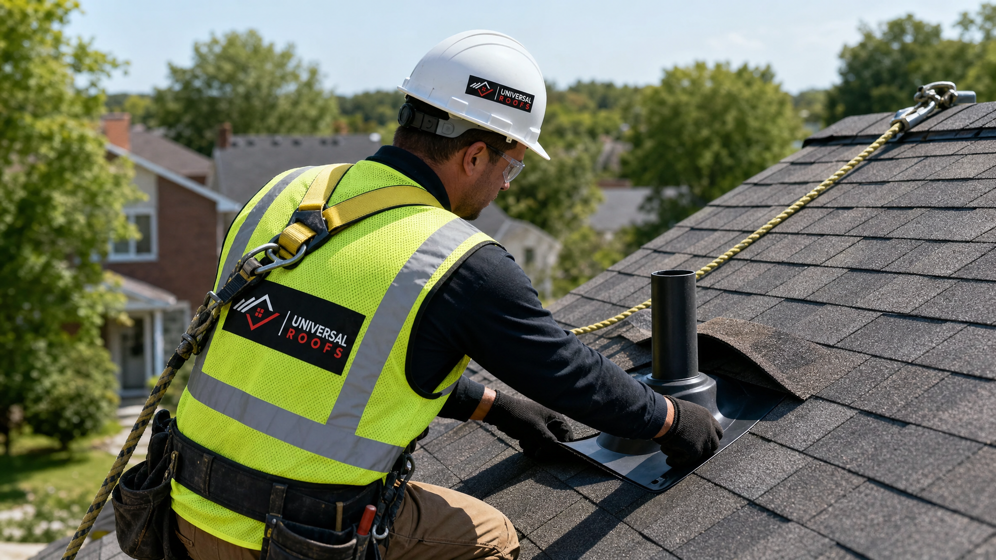 Roofer in full safety harness replacing a cracked rubber vent pipe boot flashing on a steep asphalt shingle roof
