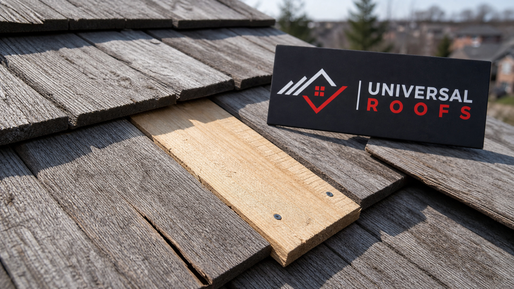 Close-up detail of a split and repaired cedar wood shake showing grain and fastener pattern with a Universal Roofs branded sign placard