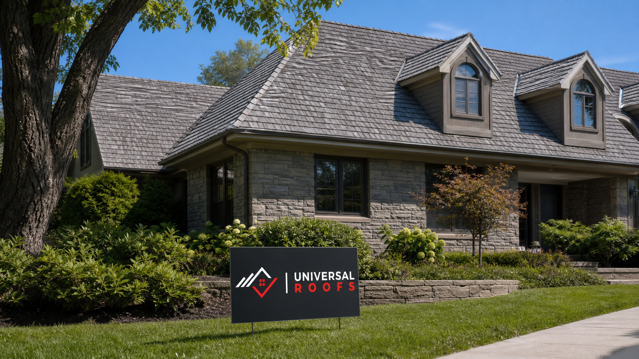 Well-maintained cedar wood shake roof on a Toronto home in summer daylight with a Universal Roofs sign placard nearby