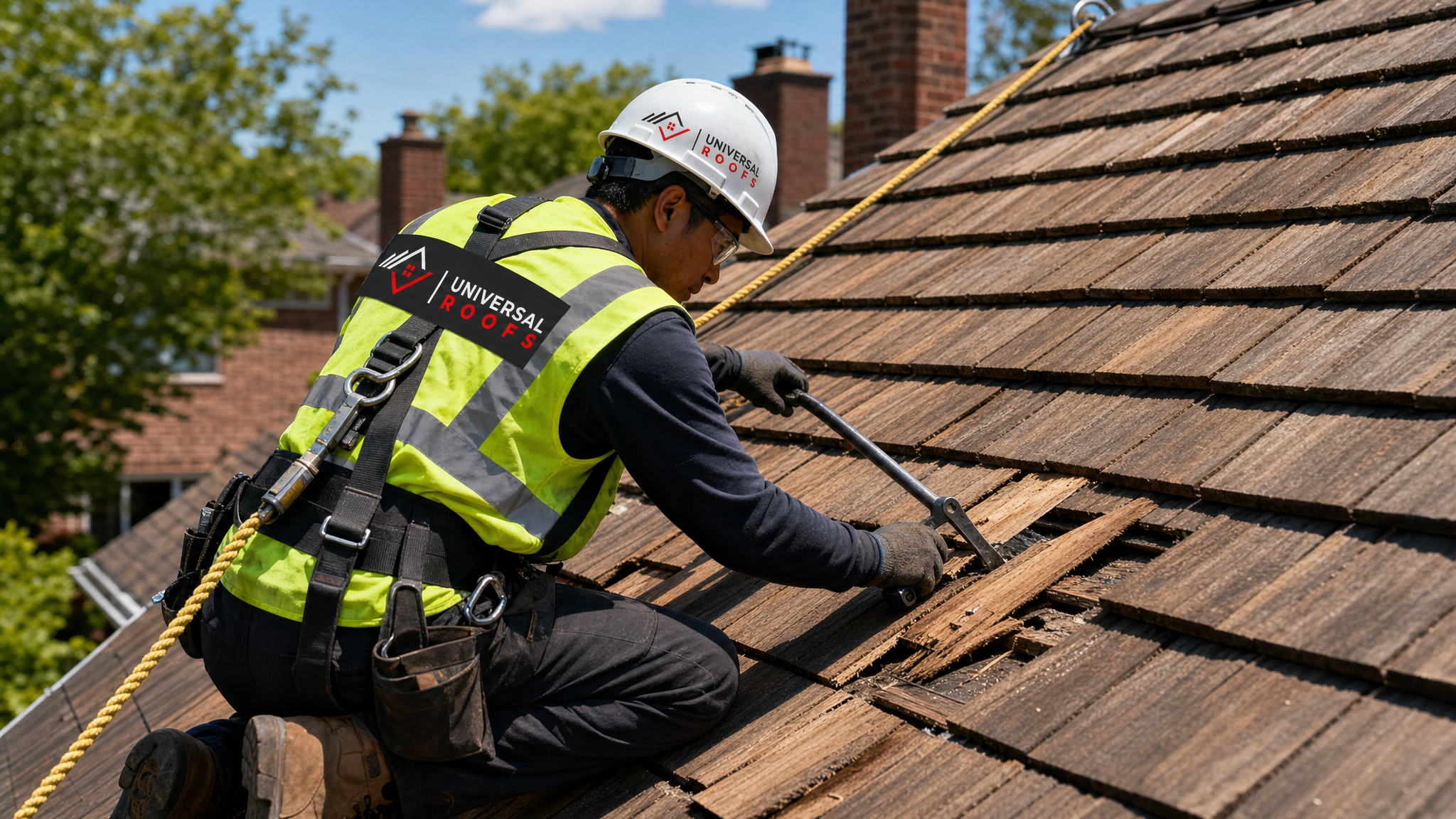 Roofer wearing full safety harness replacing damaged cedar wood shakes on a Toronto roof in daylight