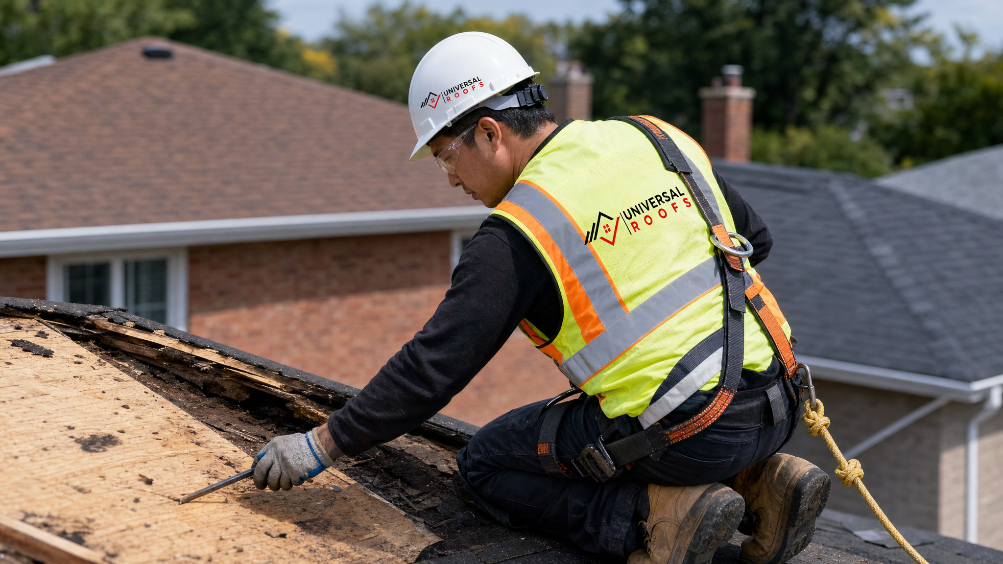 Roofer wearing a hard hat, hi-vis vest, safety glasses, gloves, and a fall-protection harness inspecting sagging roof sheathing on a Toronto home
