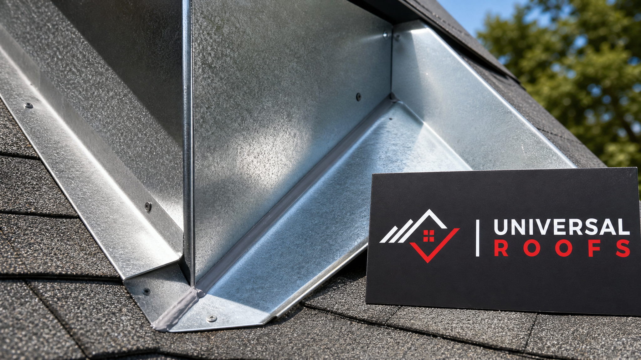 Close-up detail of galvanized step flashing and sealant seams along a roof valley